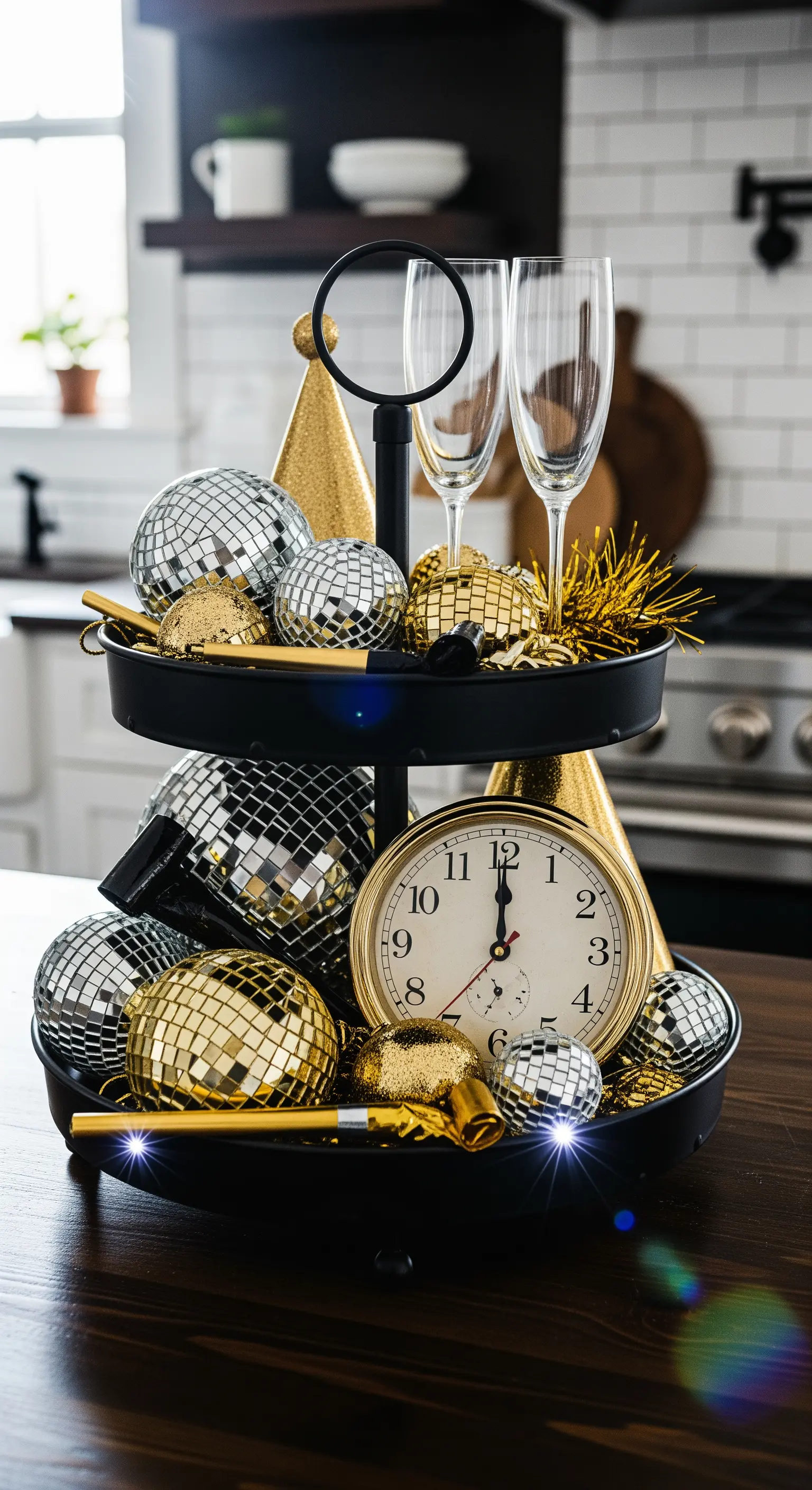 Schwarze Etagere mit Diskokugeln, Uhr, Sektgläsern und Goldhüten