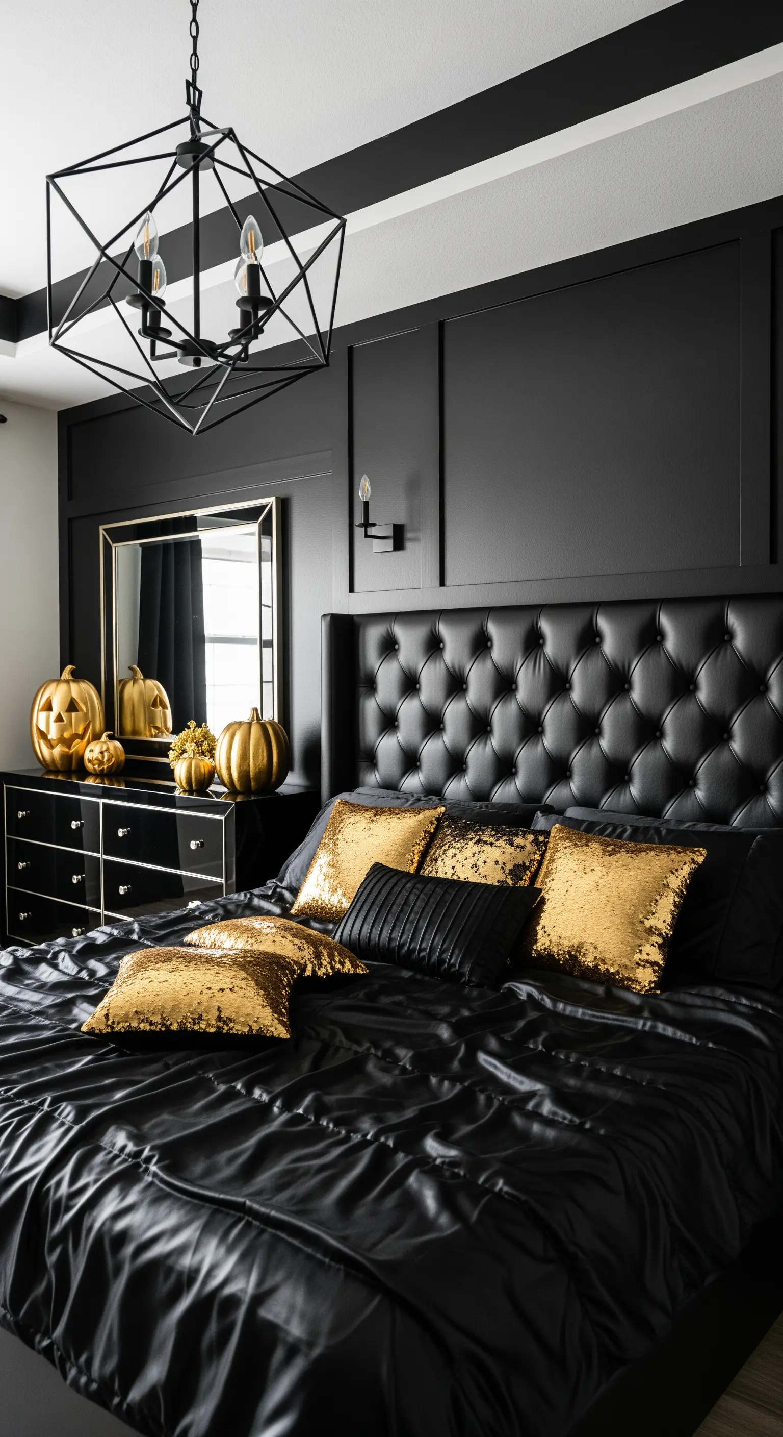 Schwarzes Bett mit goldenen Paillettenkissen und Kürbissen
