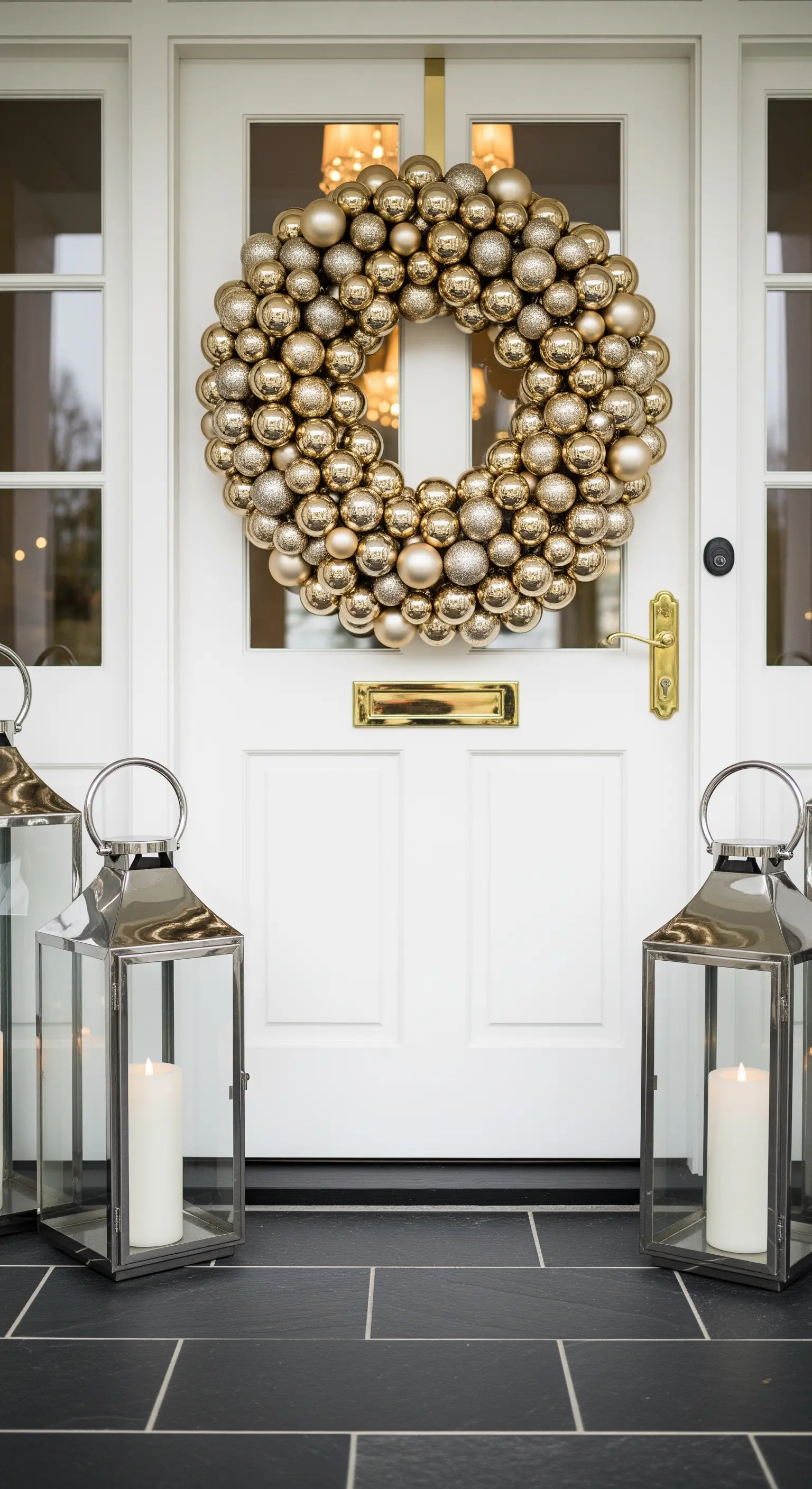 Weiße Tür mit massivem goldenem Kugelkranz