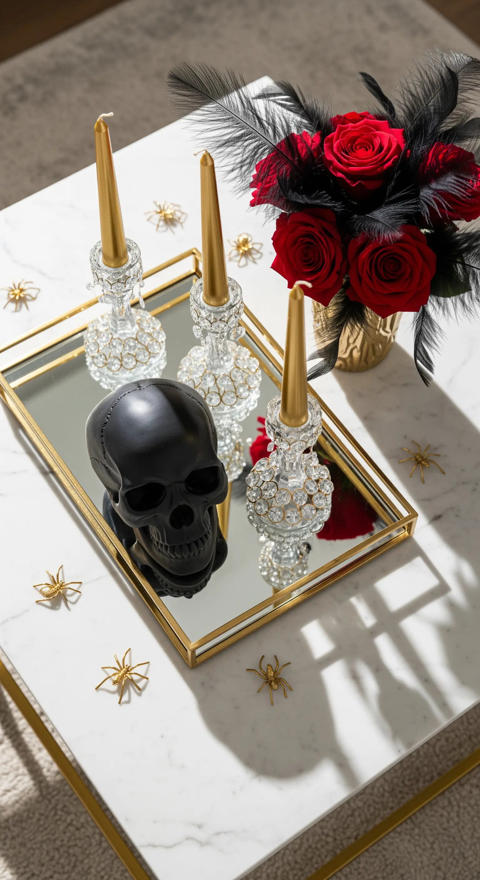 Edles Gothic-Tablett mit Totenkopf, roten Rosen und goldenen Kerzen