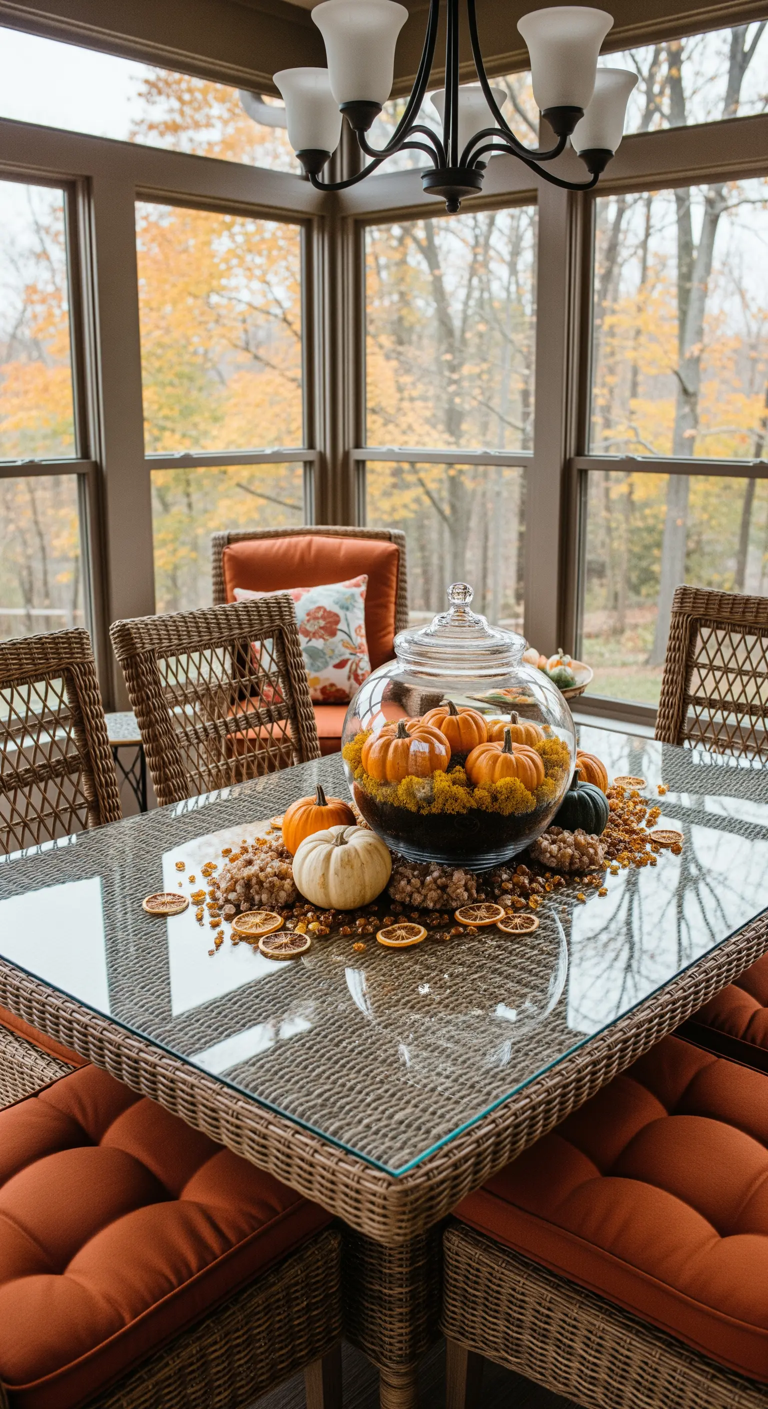 Großes Glasgefäß mit Moos und Kürbissen auf Rattantisch