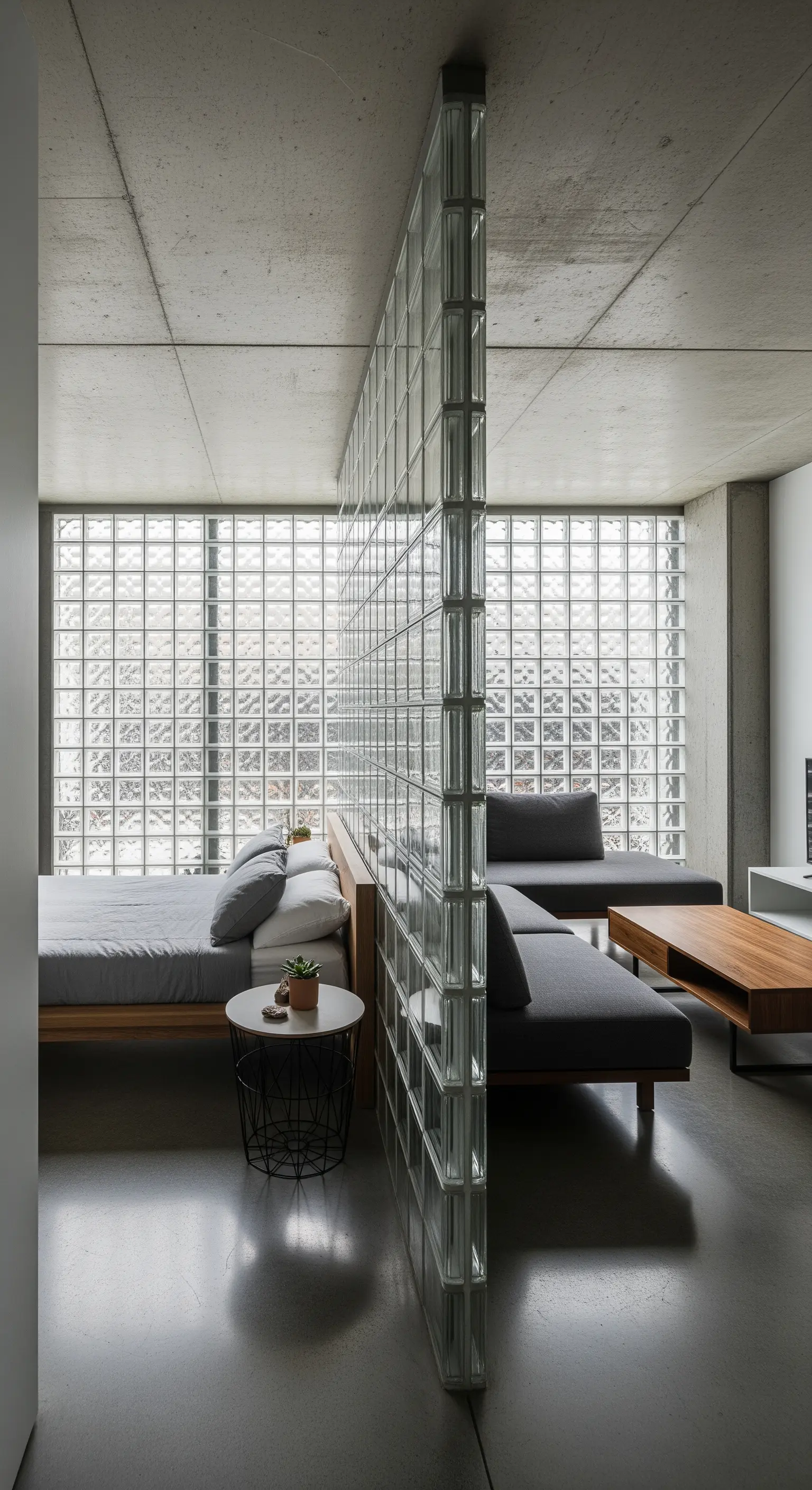 Raumtrenner aus Glasbausteinen im Schlafzimmer