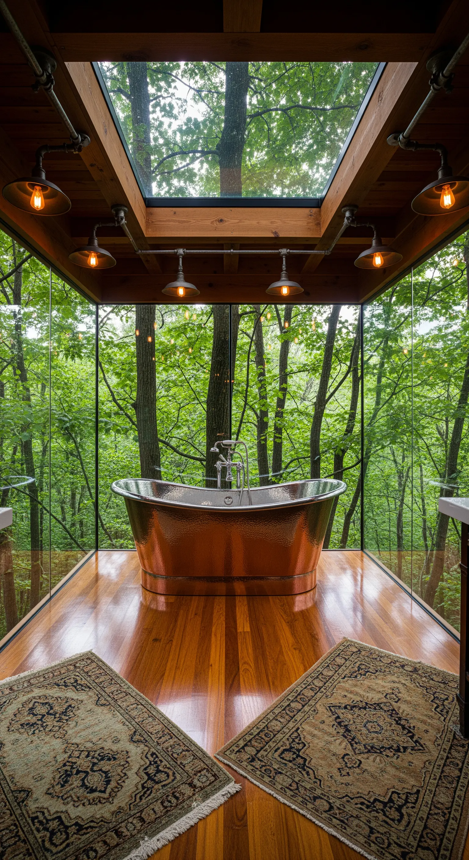 Gläsernes Badezimmer im Wald mit Kupferwanne und Teppichen