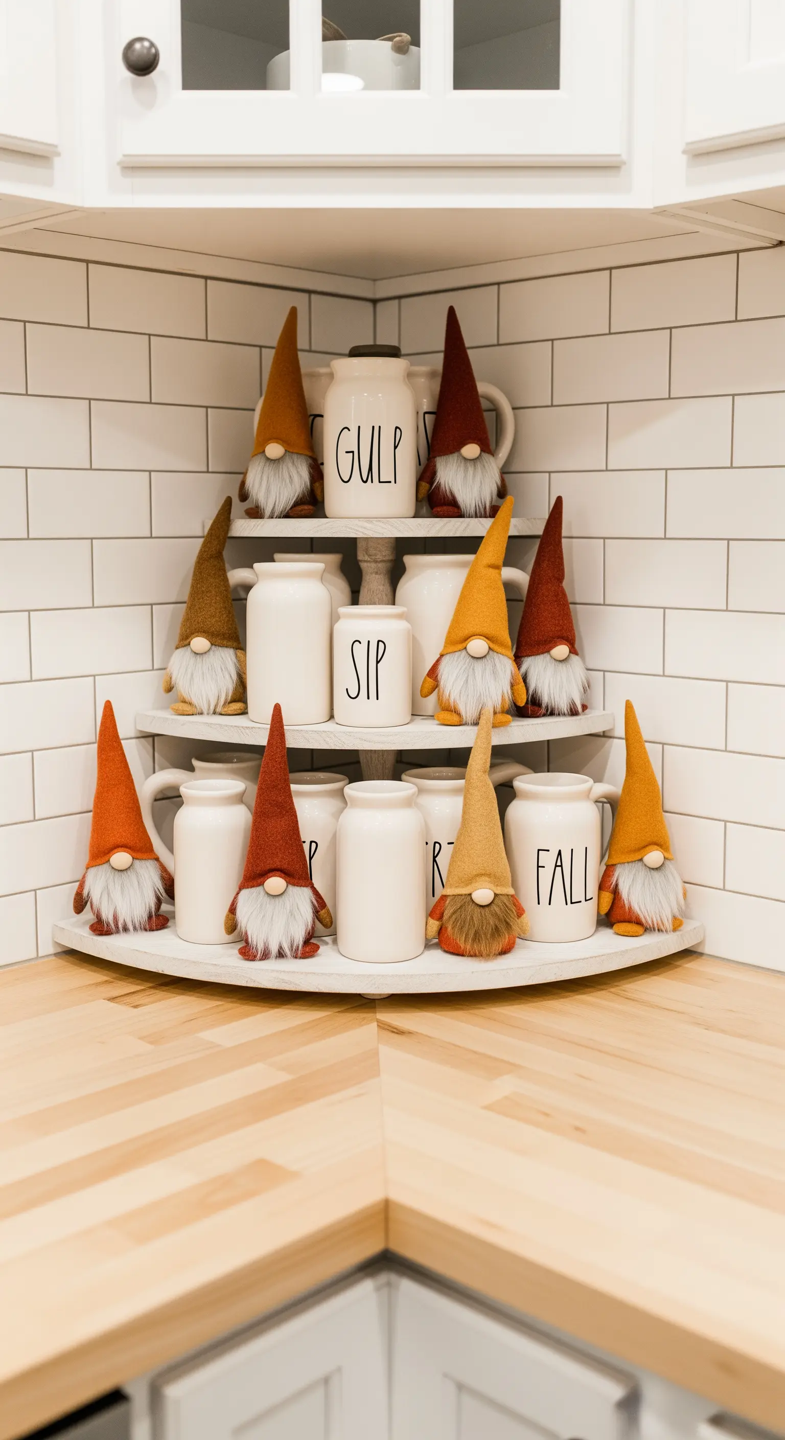 Eck-Regal mit vielen herbstlichen Wichteln und beschrifteten Keramikdosen