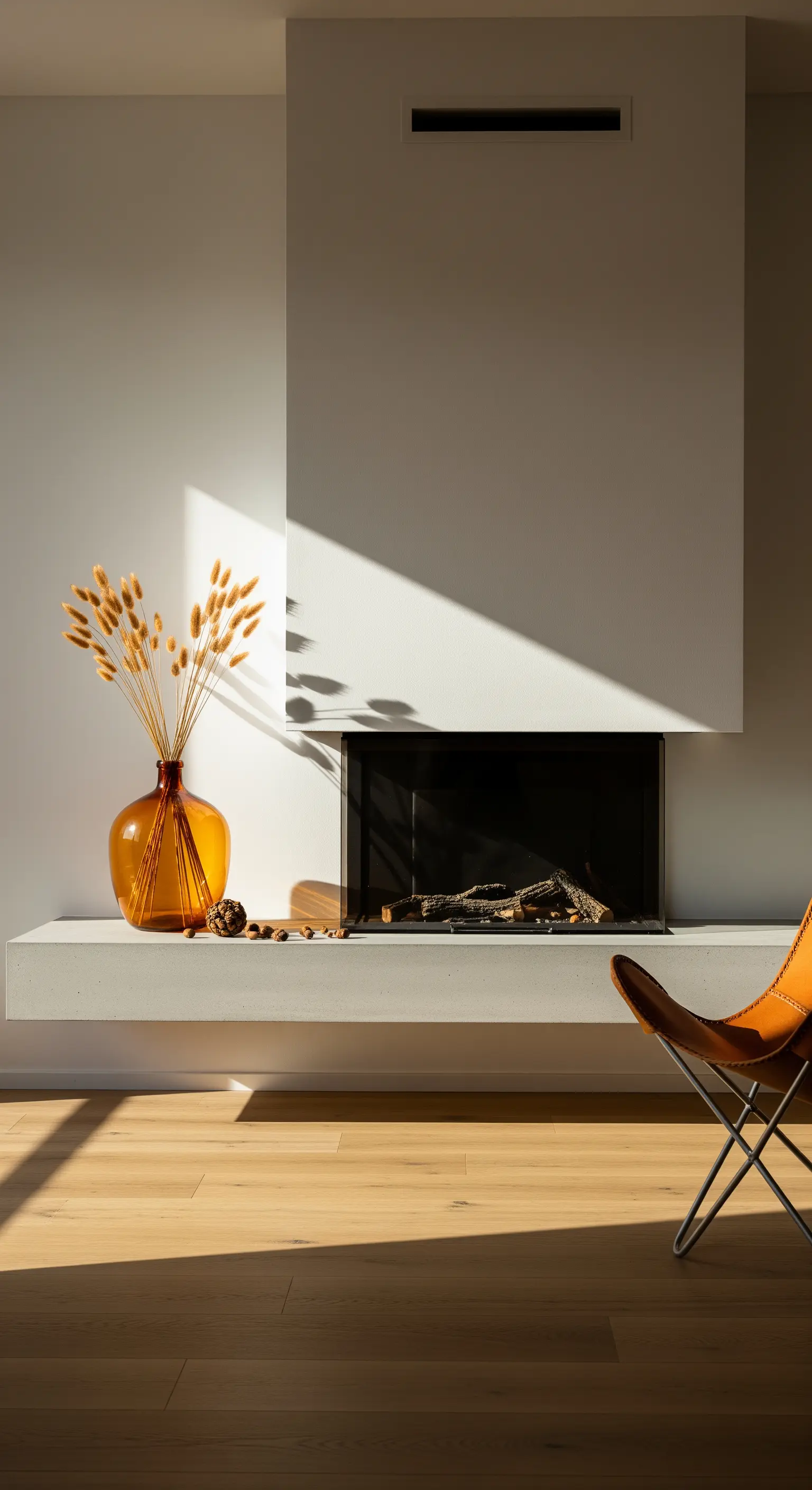 Große Braunglasvase mit Gräsern auf modernem Betonsims