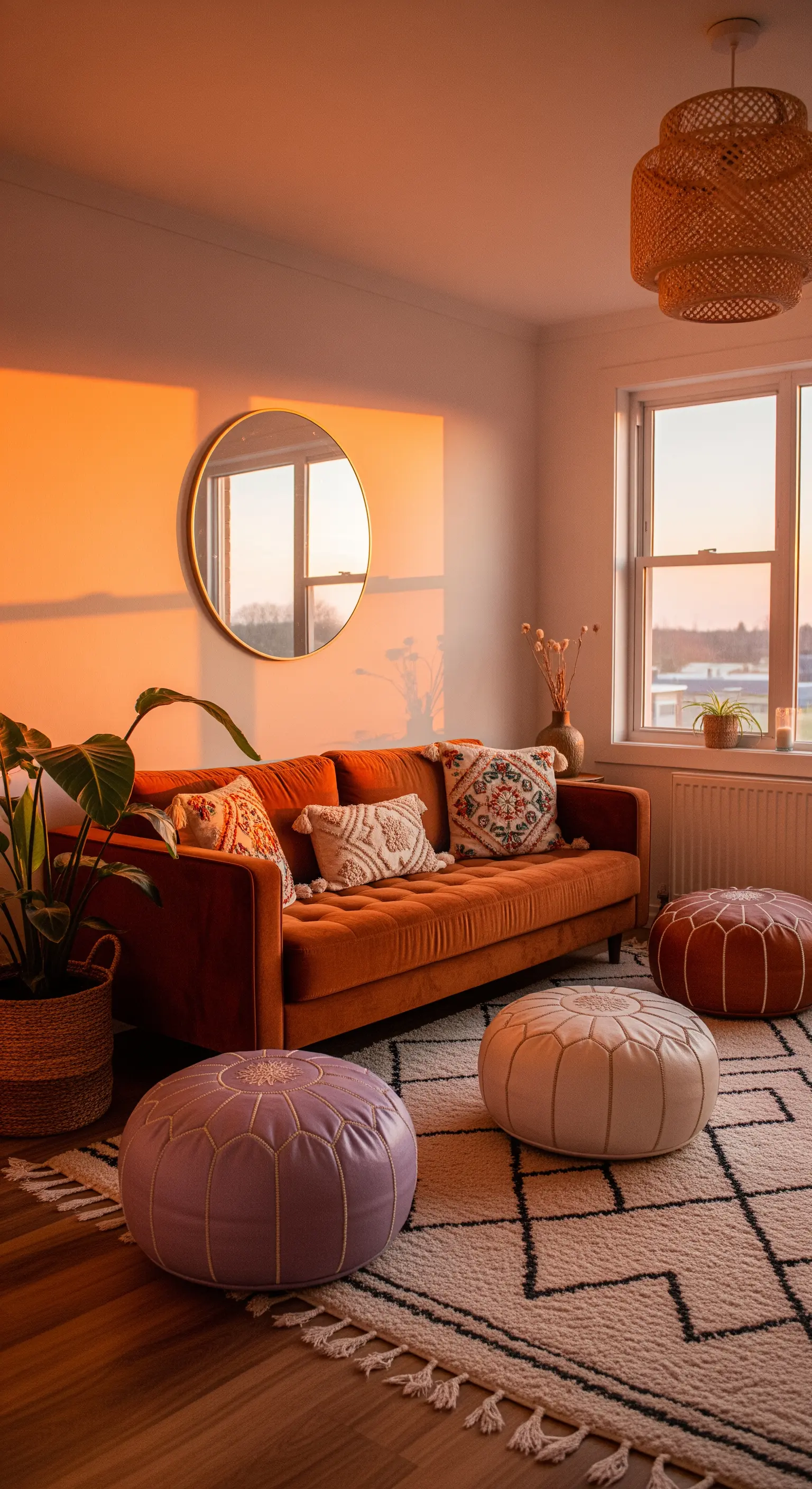 Orangefarbenes Samtsofa im Sonnenlicht mit rundem Wandspiegel