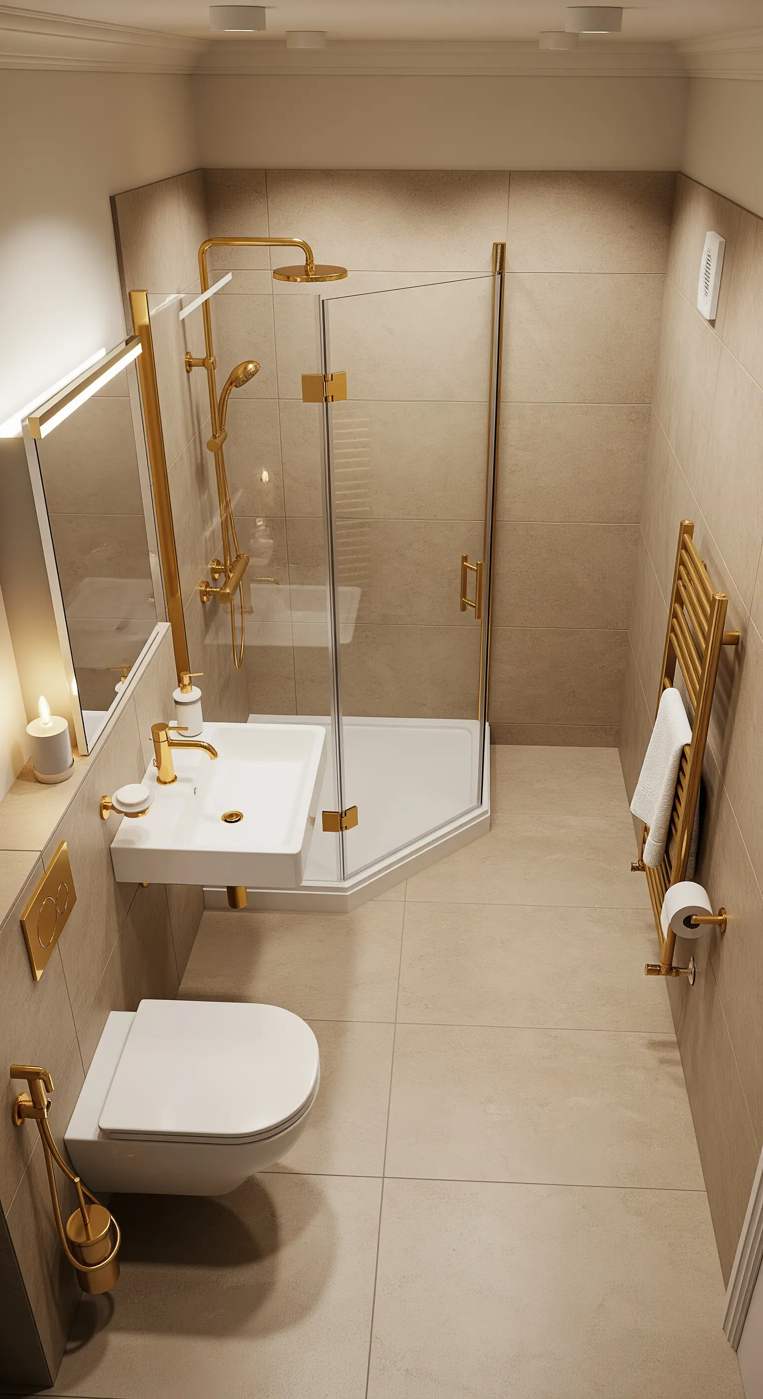 Duschkabine mit goldenen Profilen und goldenem Handtuchheizkörper