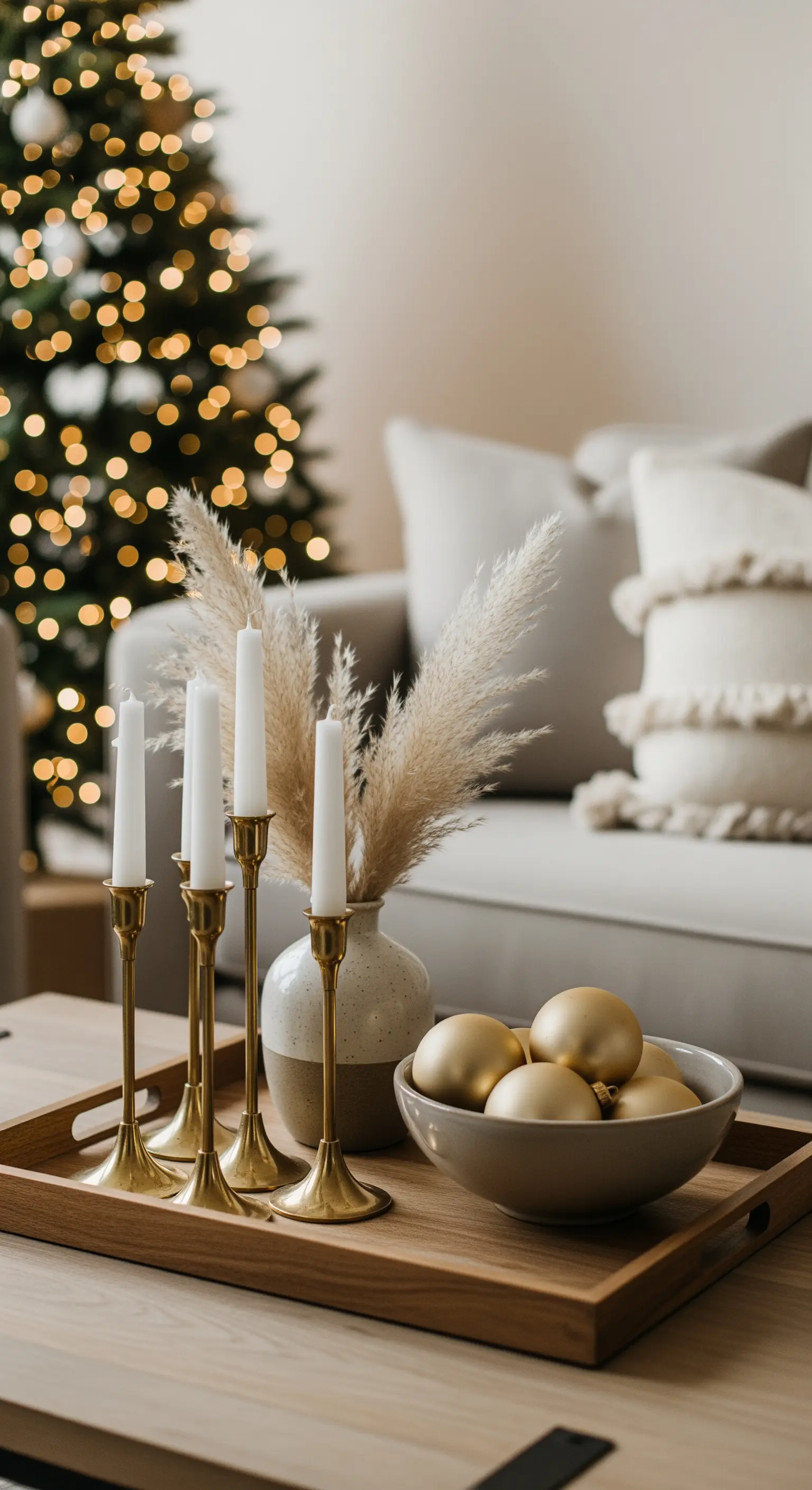 Couchtisch-Deko mit Messingkerzenhaltern, Pampasgras und goldener Kugelschale