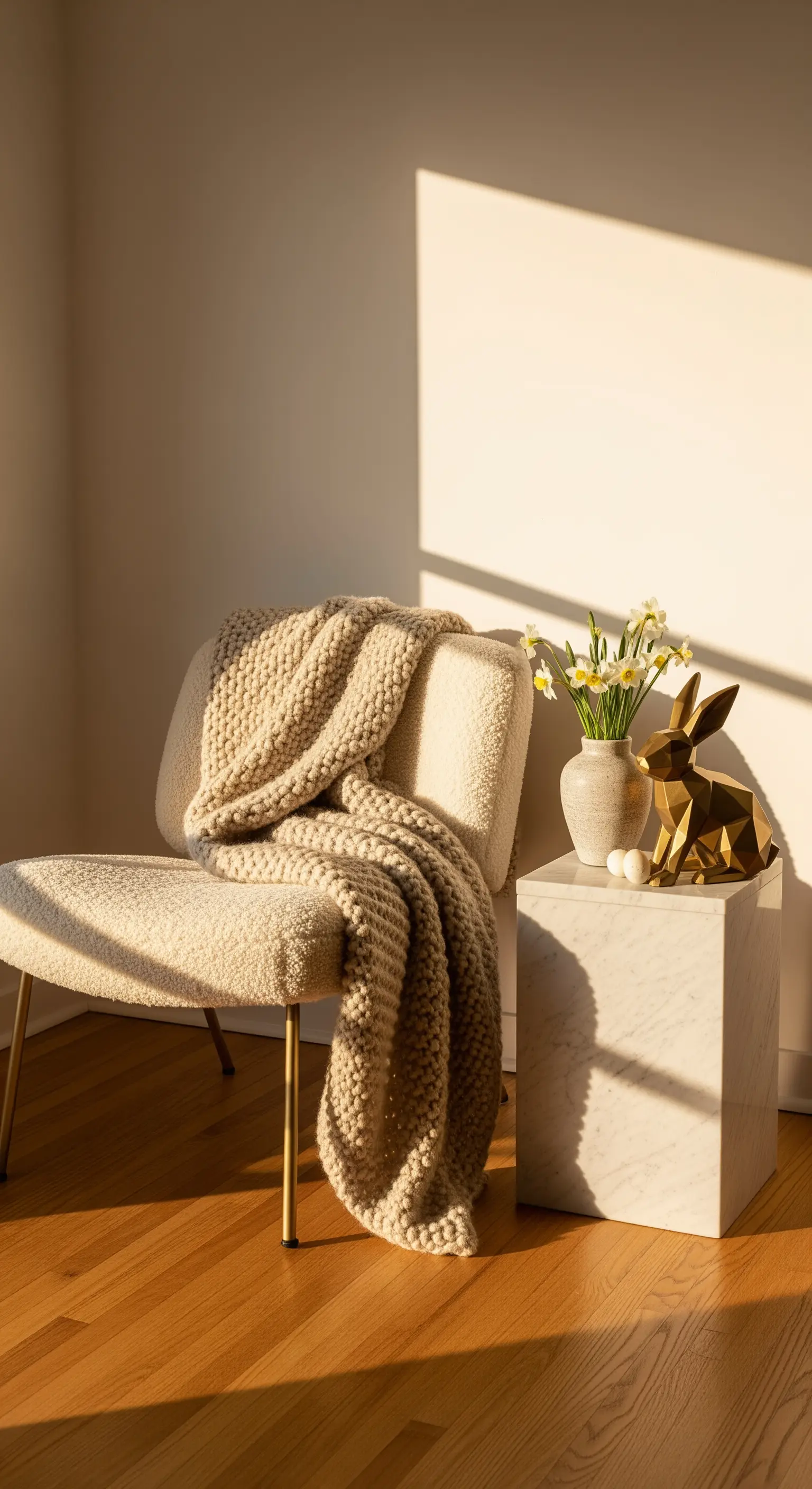 Stuhl mit Strickdecke und goldenem Deko-Hasen