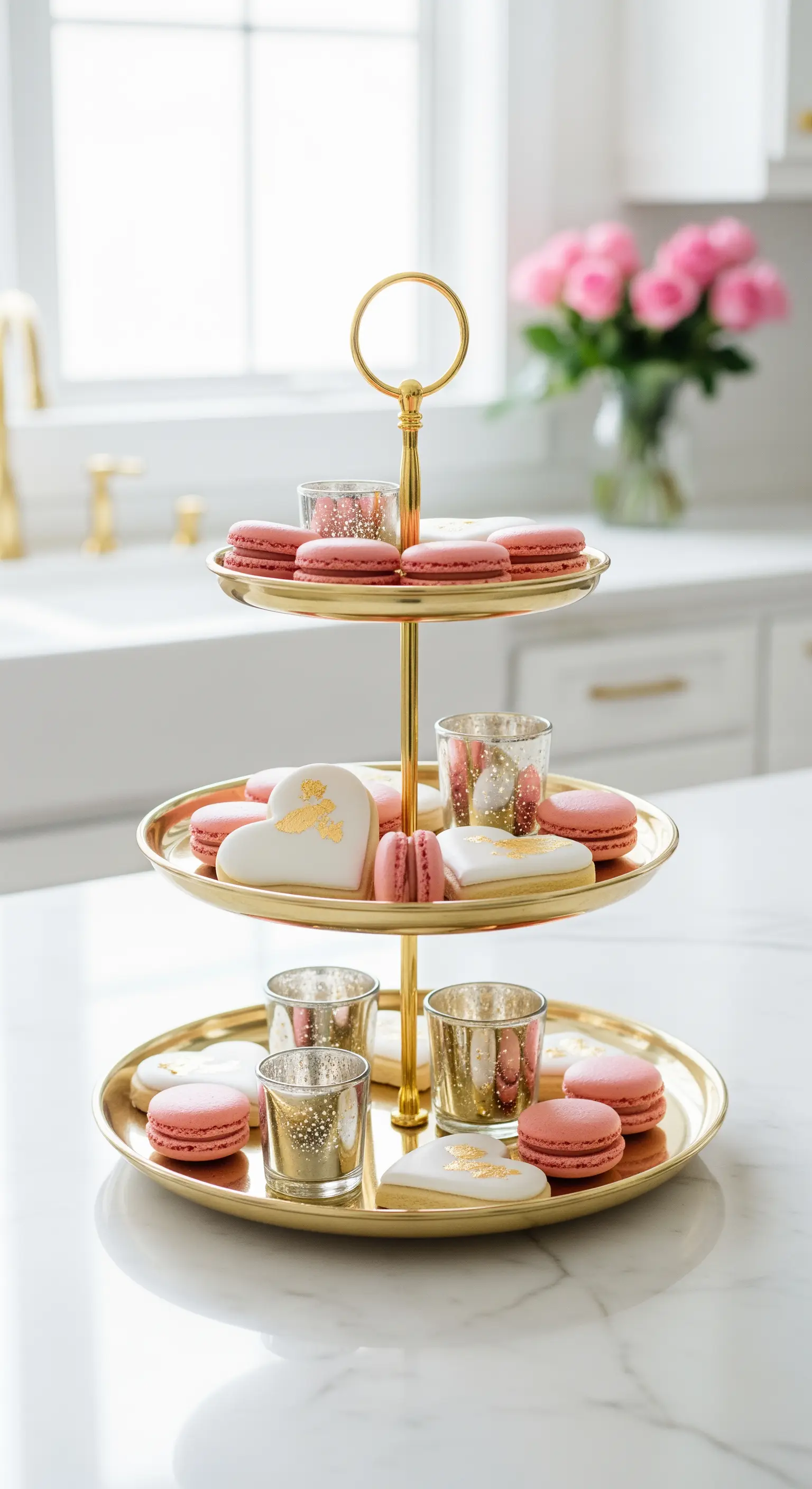 Goldene Etagere mit rosa Macarons und Herz-Keksen