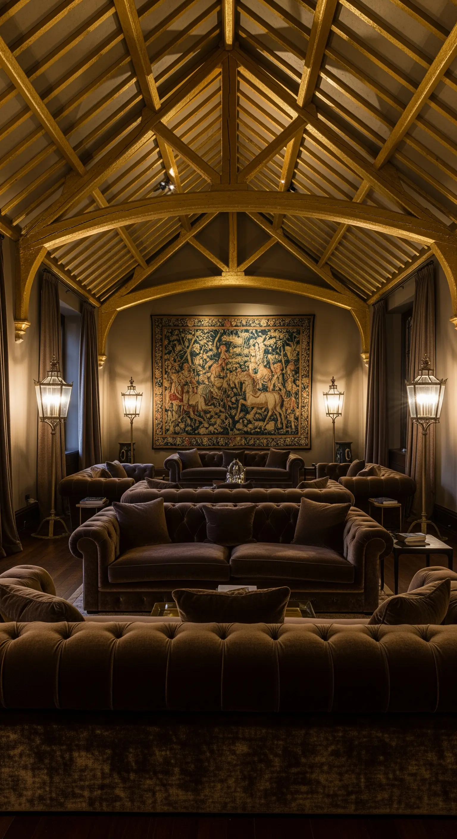 Dachgeschoss mit goldenen Balken und Wandteppich