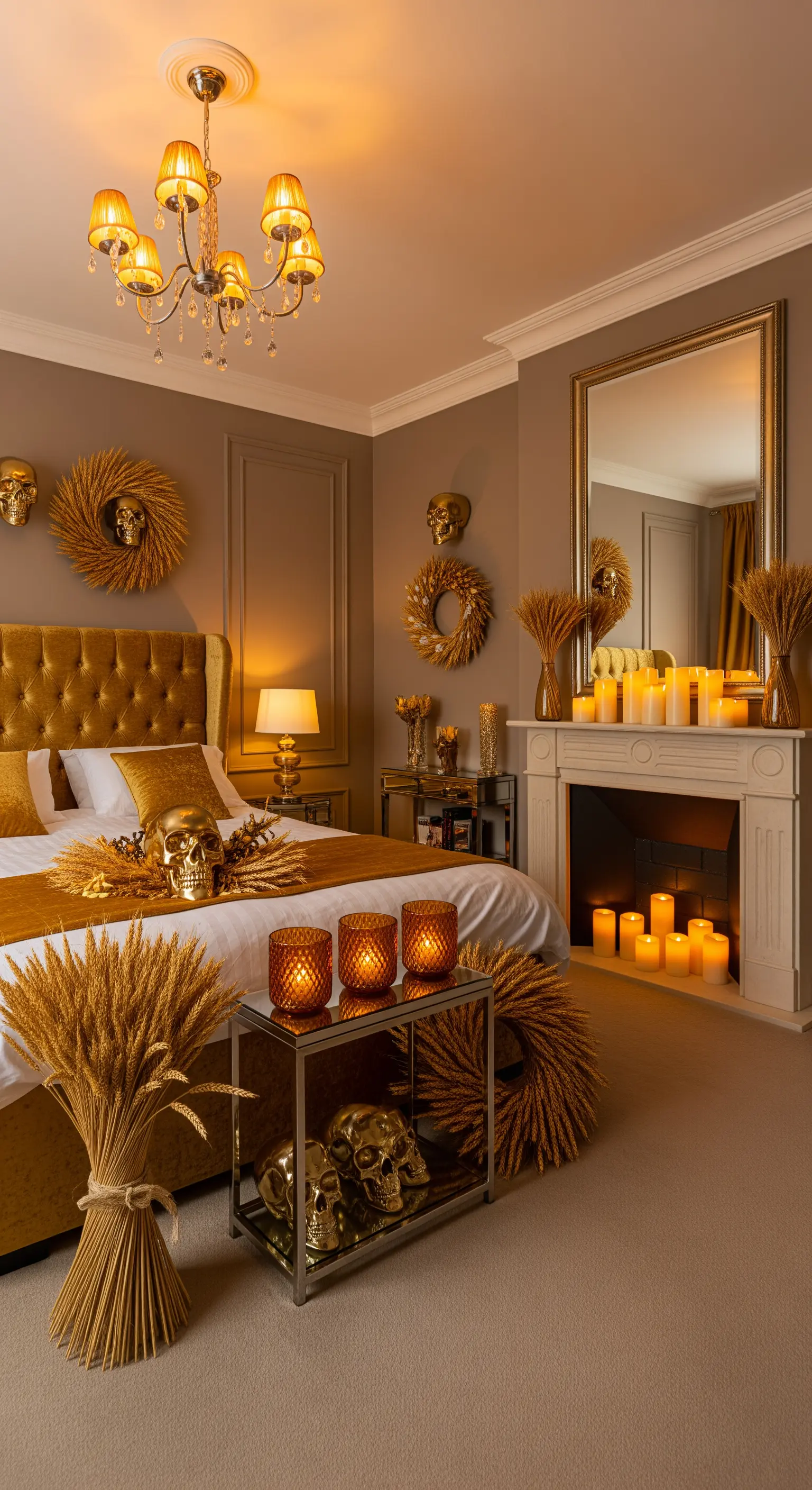 Schlafzimmer mit goldenen Weizenbündeln, Kamin und Kerzen