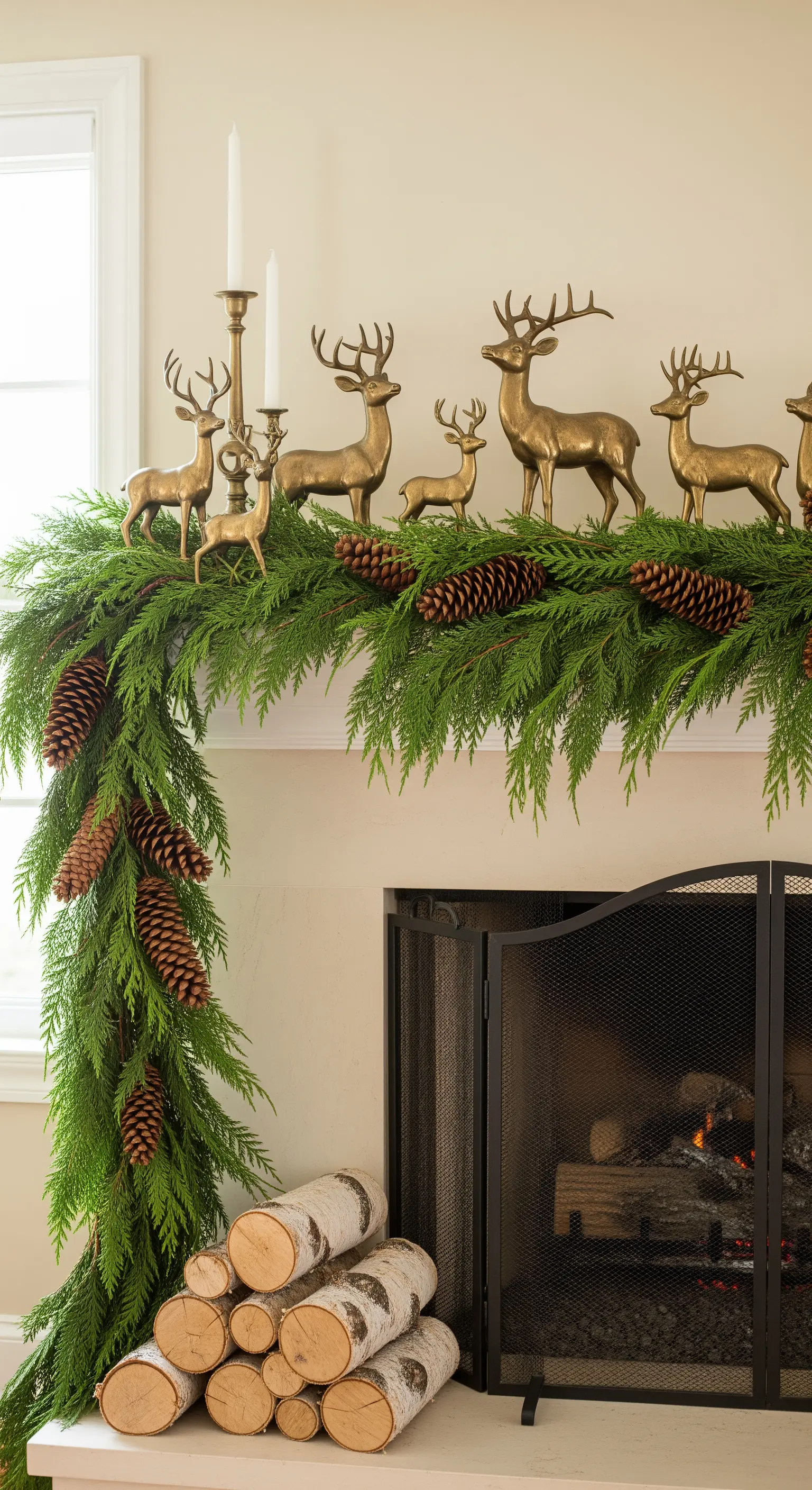 Goldene Hirsche in grüner Zedern-Girlande auf dem Sims