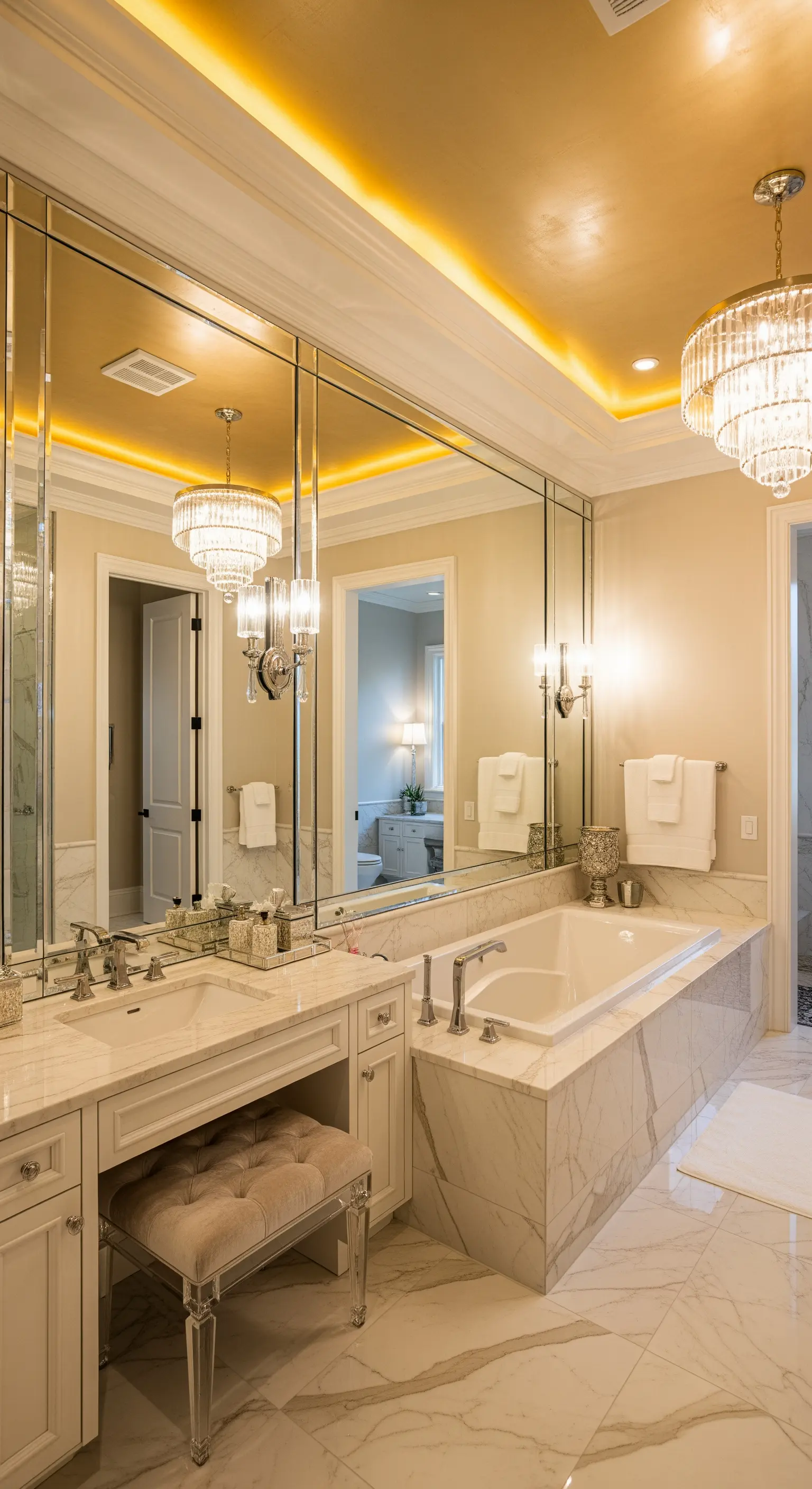 Badezimmer mit goldener indirekter Deckenbeleuchtung und großen Spiegelwänden