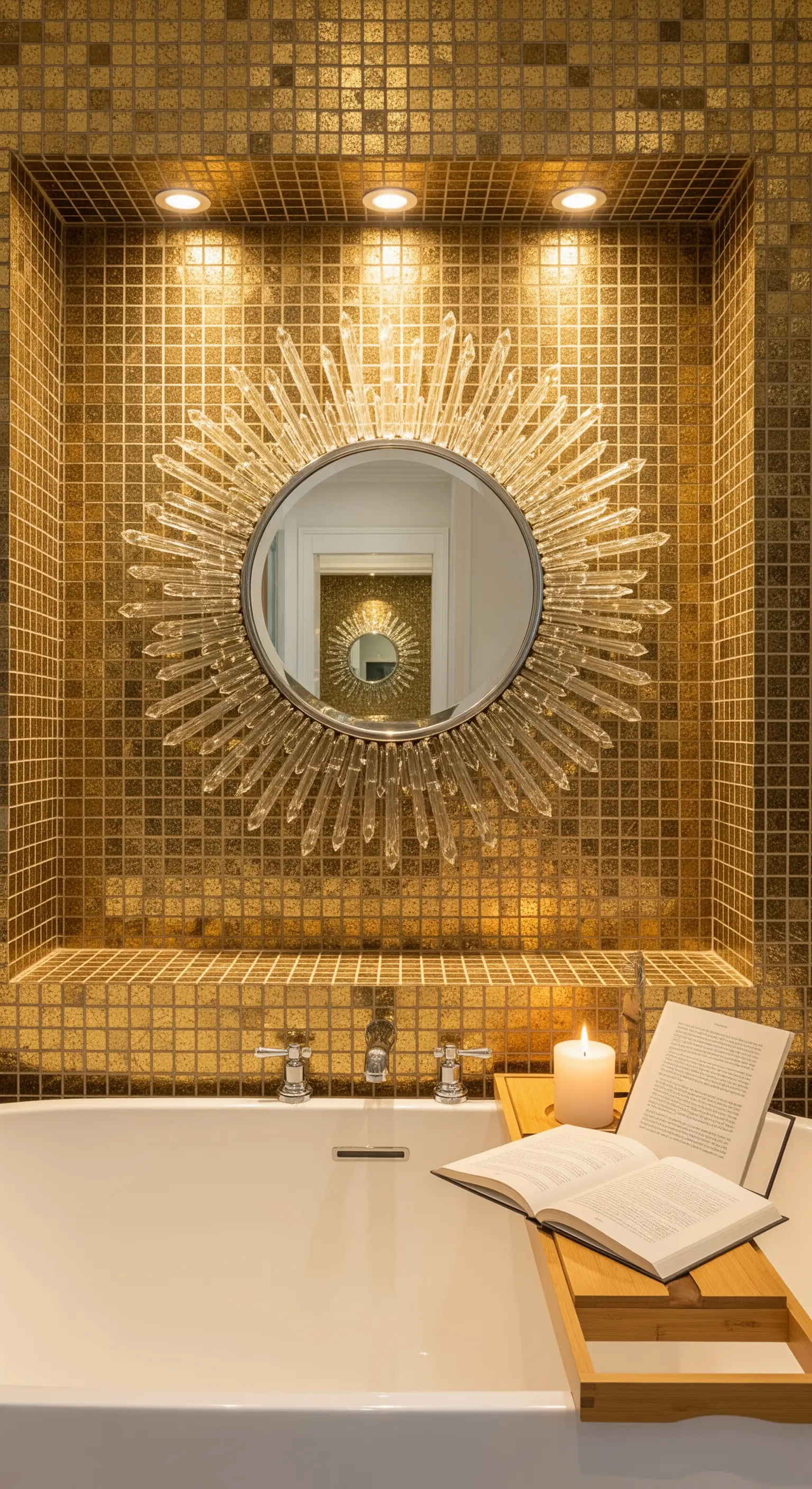 Goldene Mosaiknische mit Badewanne und Sonnen-Kristallspiegel