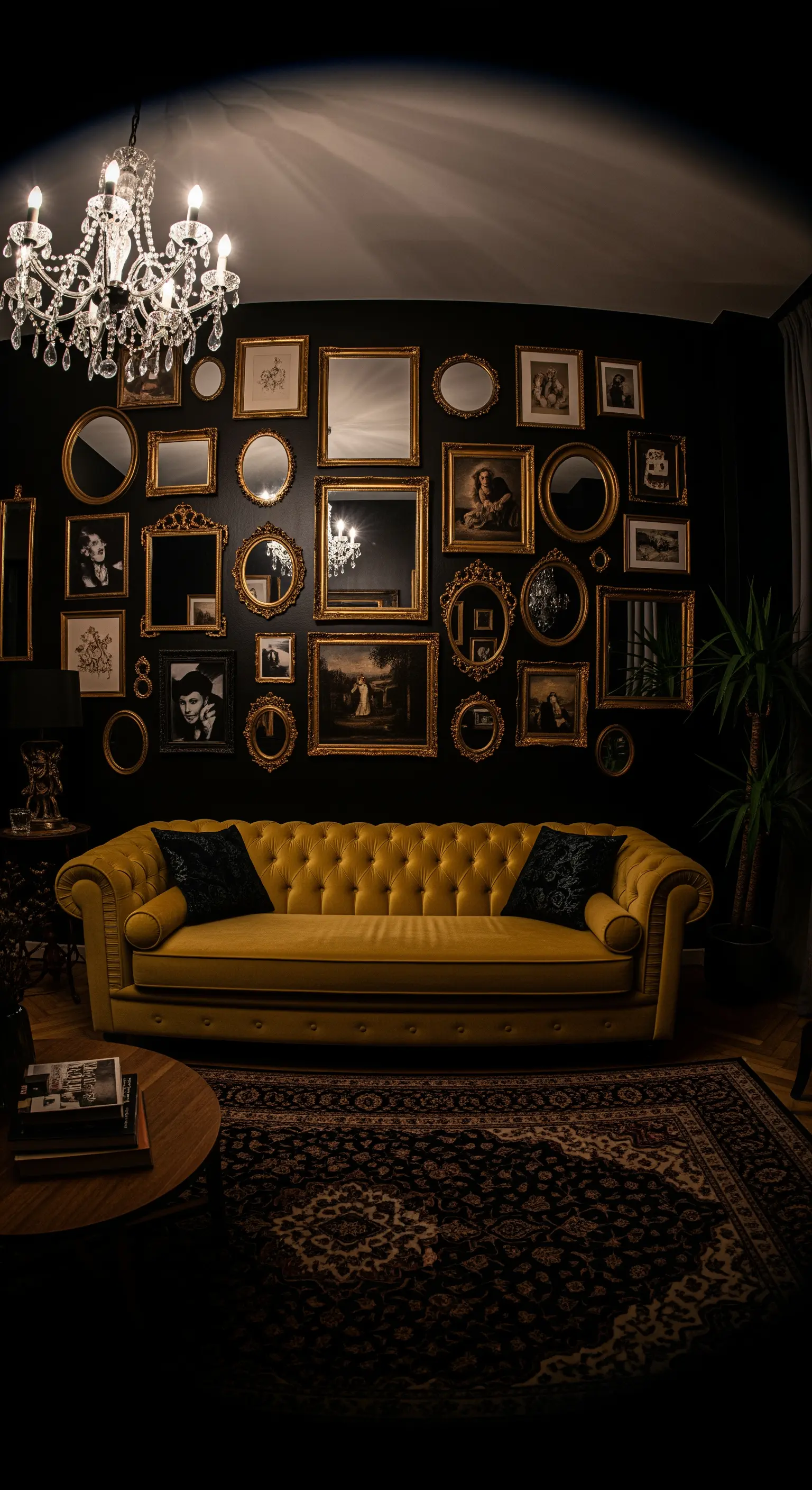 Schwarze Wand voller Goldrahmen hinter gelbem Sofa