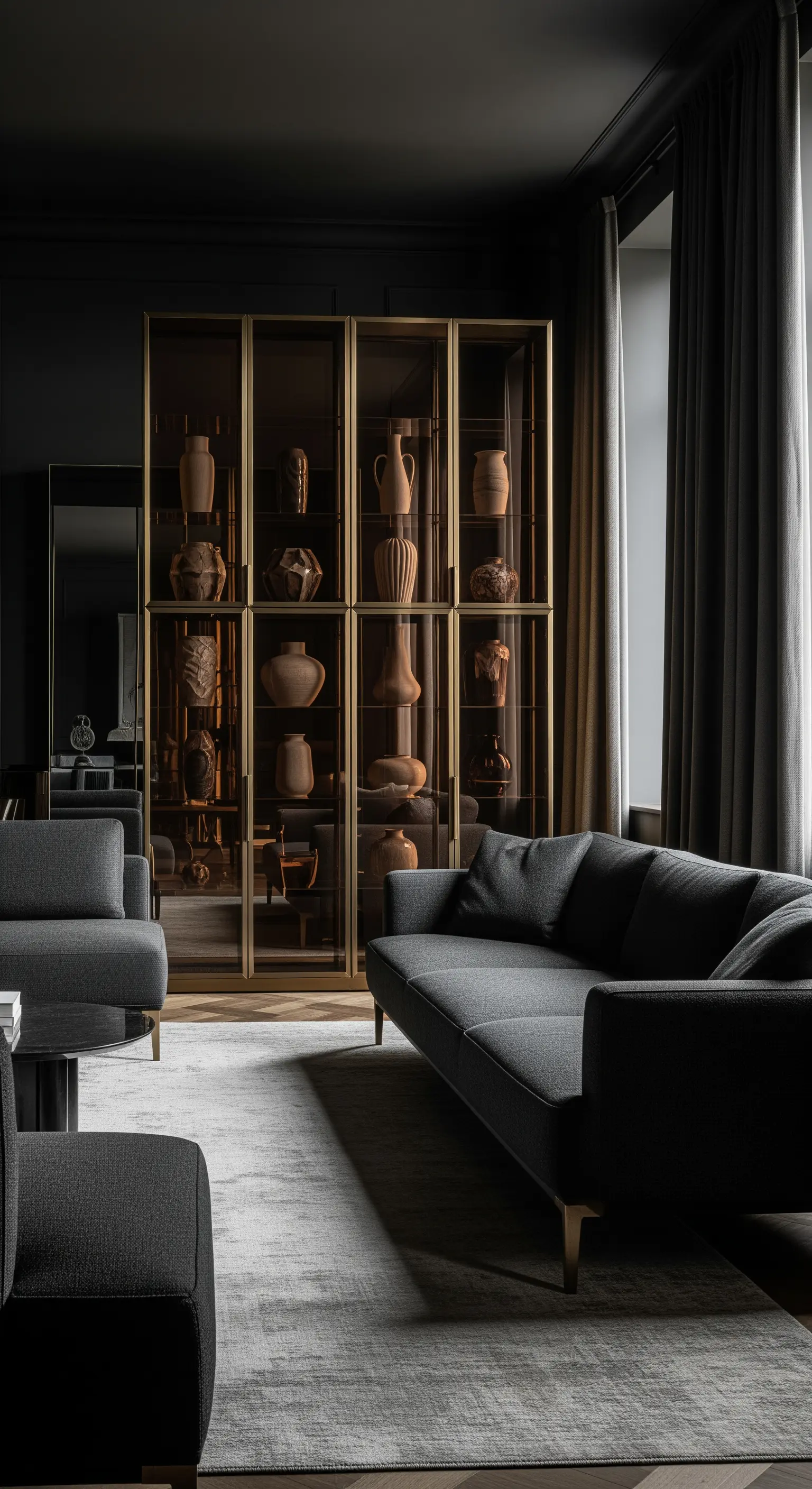 Hohe Vitrine mit Goldrahmen gefüllt mit beigen Keramikvasen im dunklen Raum