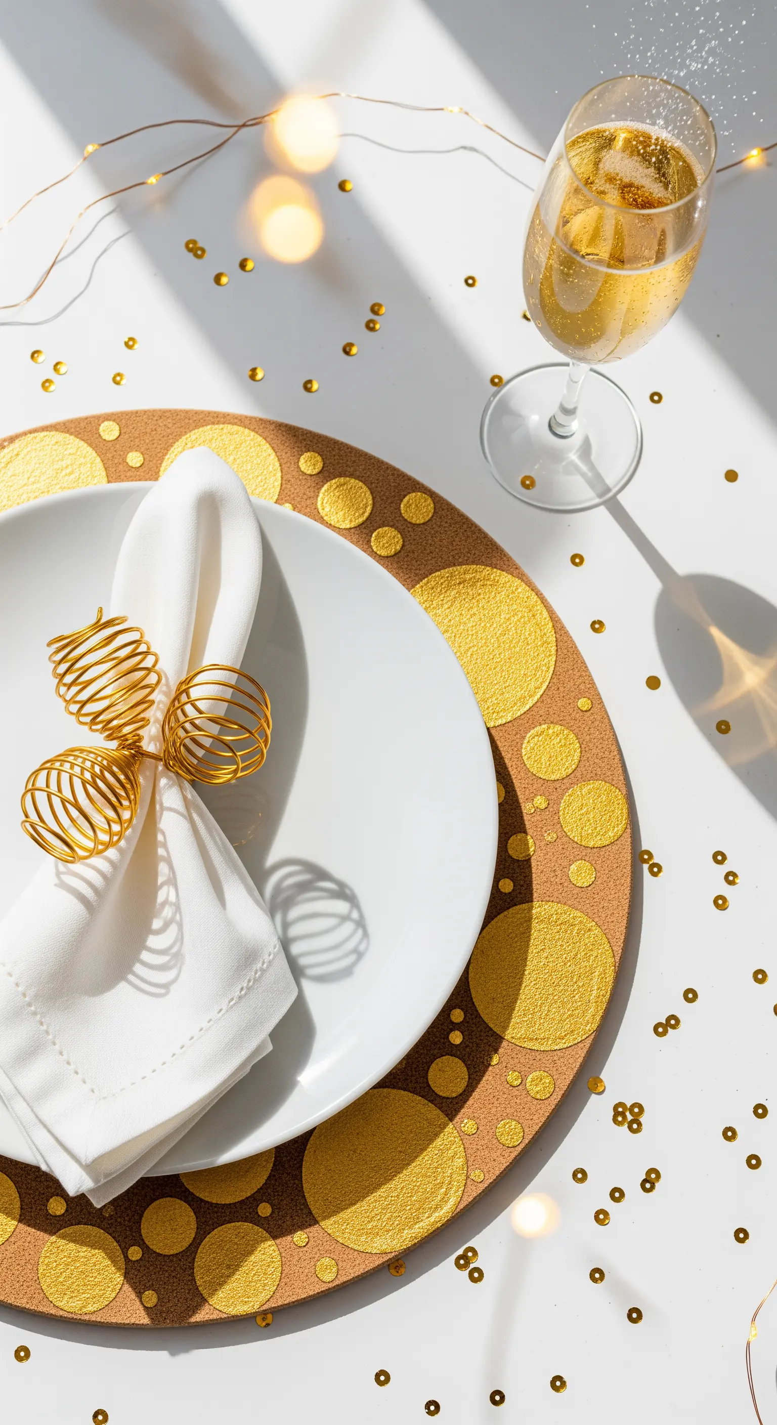 Weißer Teller mit goldenem Draht-Serviettenring und Kork-Set