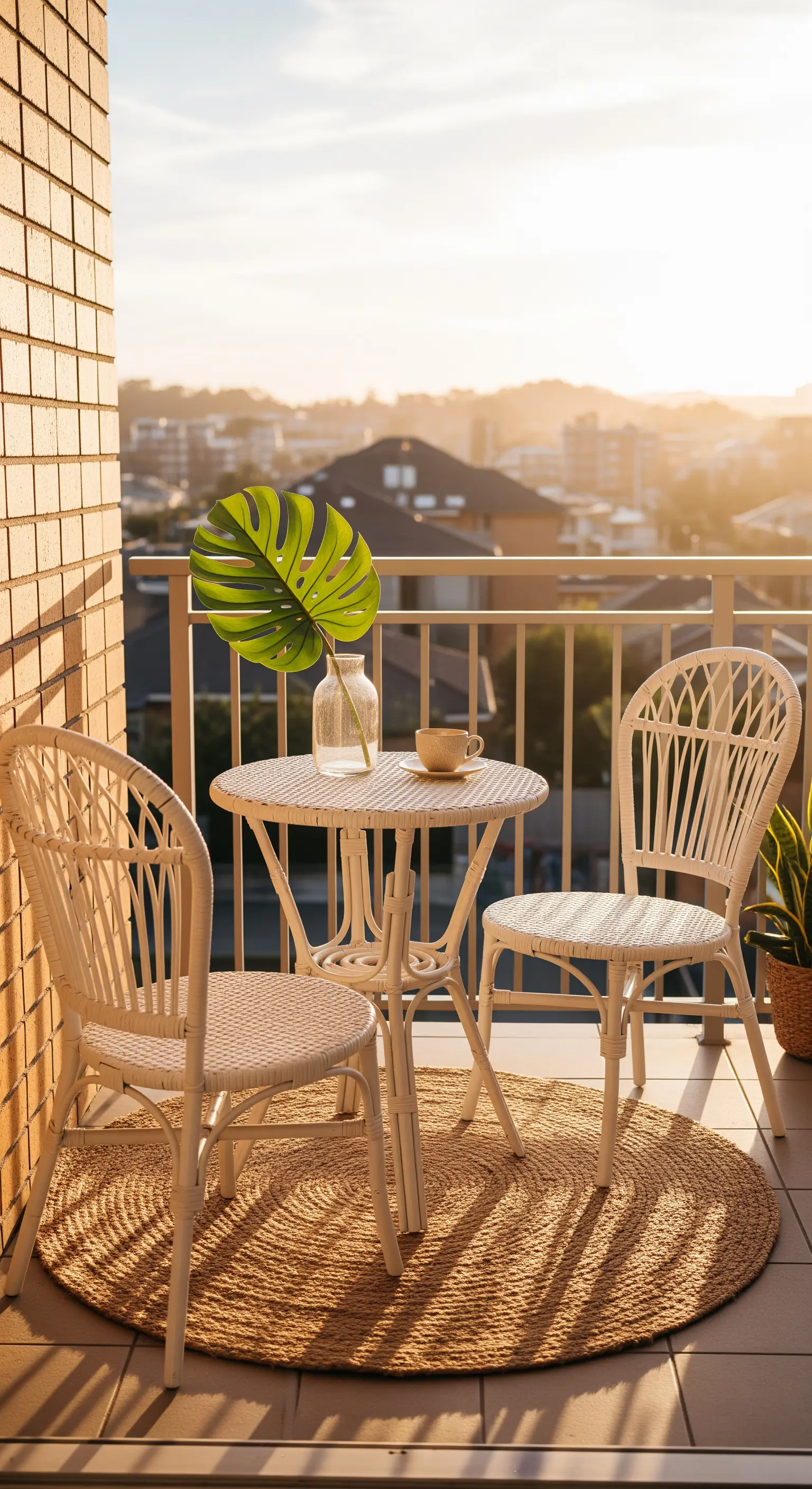 Weißes Rattan-Set auf rundem Juteteppich im goldenen Abendlicht