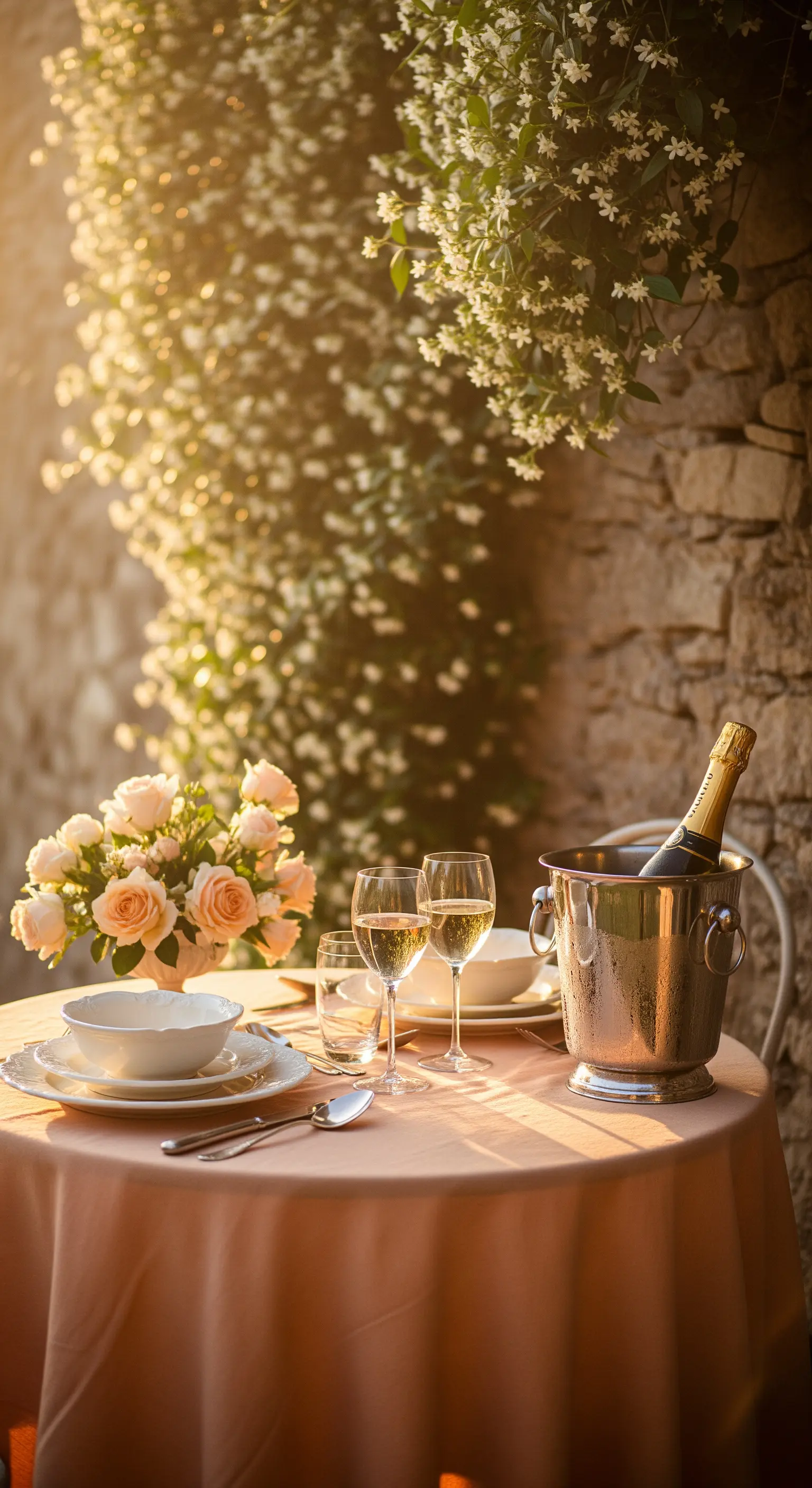Champagnerkühler und Rosen im Abendlicht auf rosa Tisch