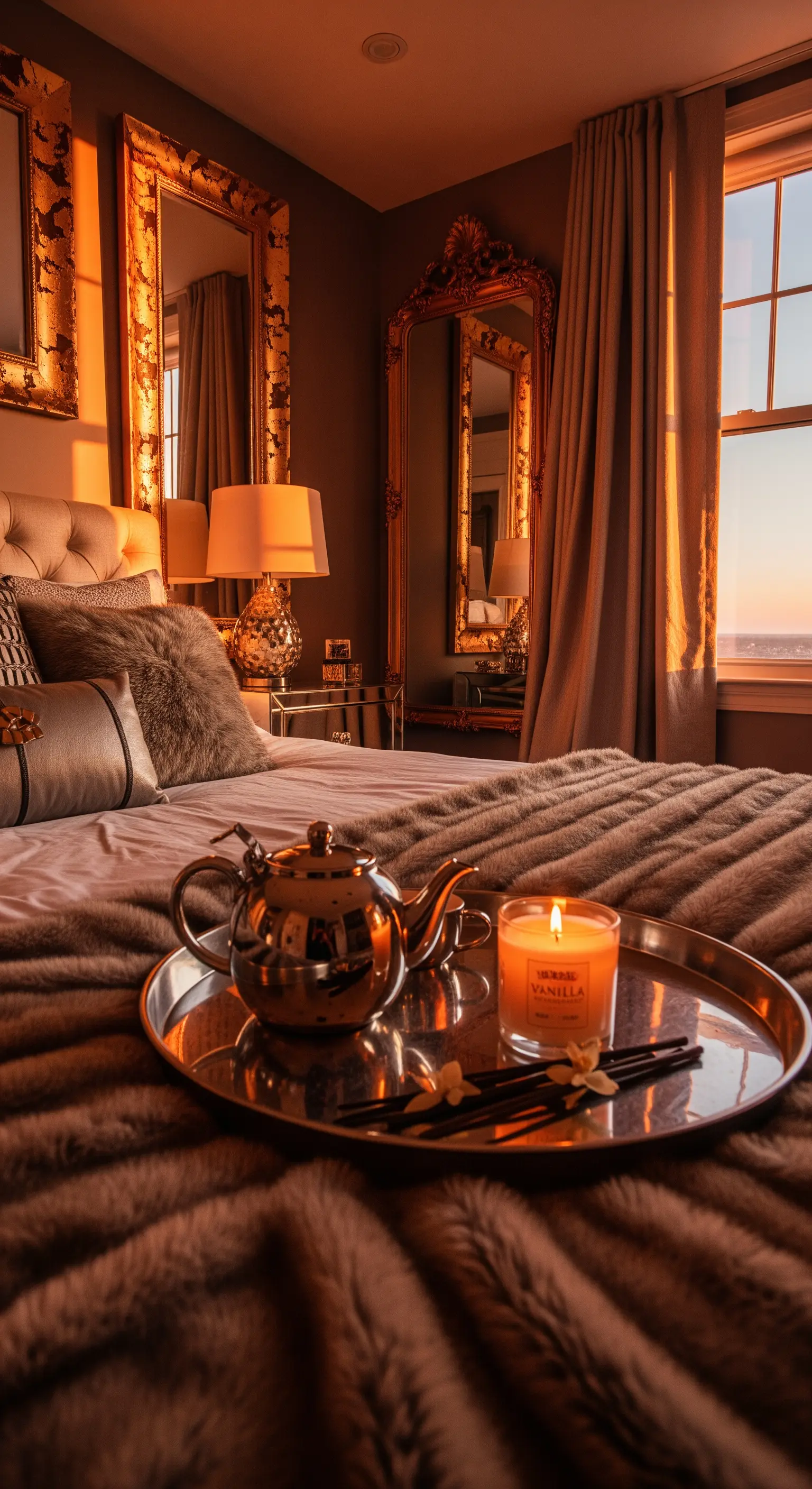 Warm beleuchtetes Bett mit Fellkissen und Teetablett