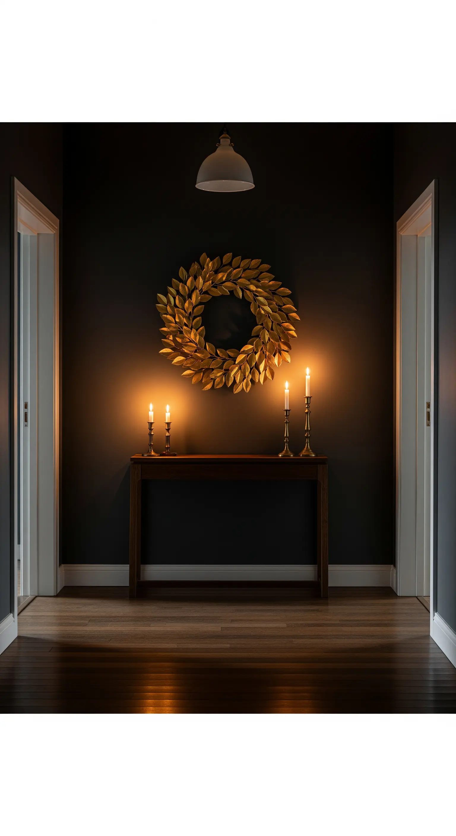 Goldener Blätterkranz an dunkler Wand mit Kerzen