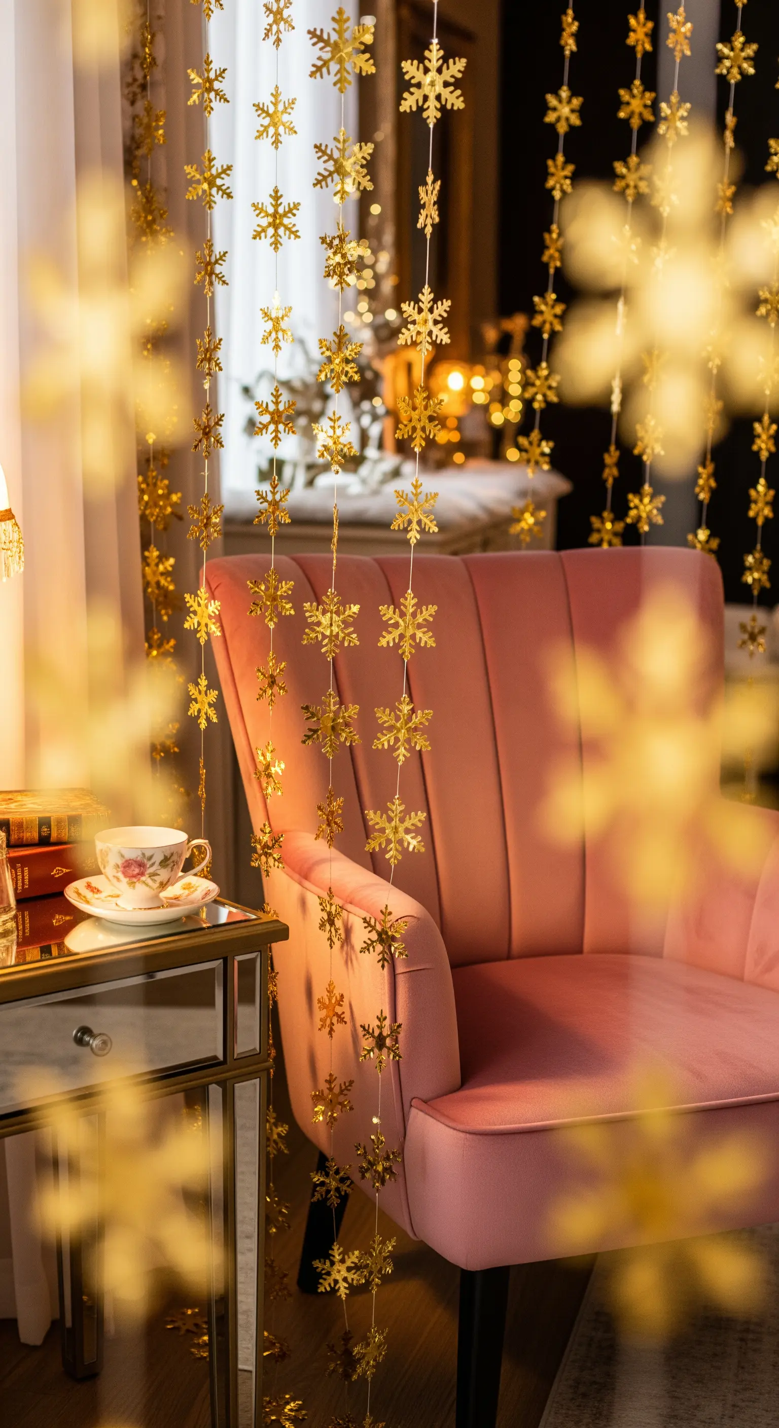 Rosa Samtsessel hinter Vorhang aus goldenen Schneeflocken-Ketten
