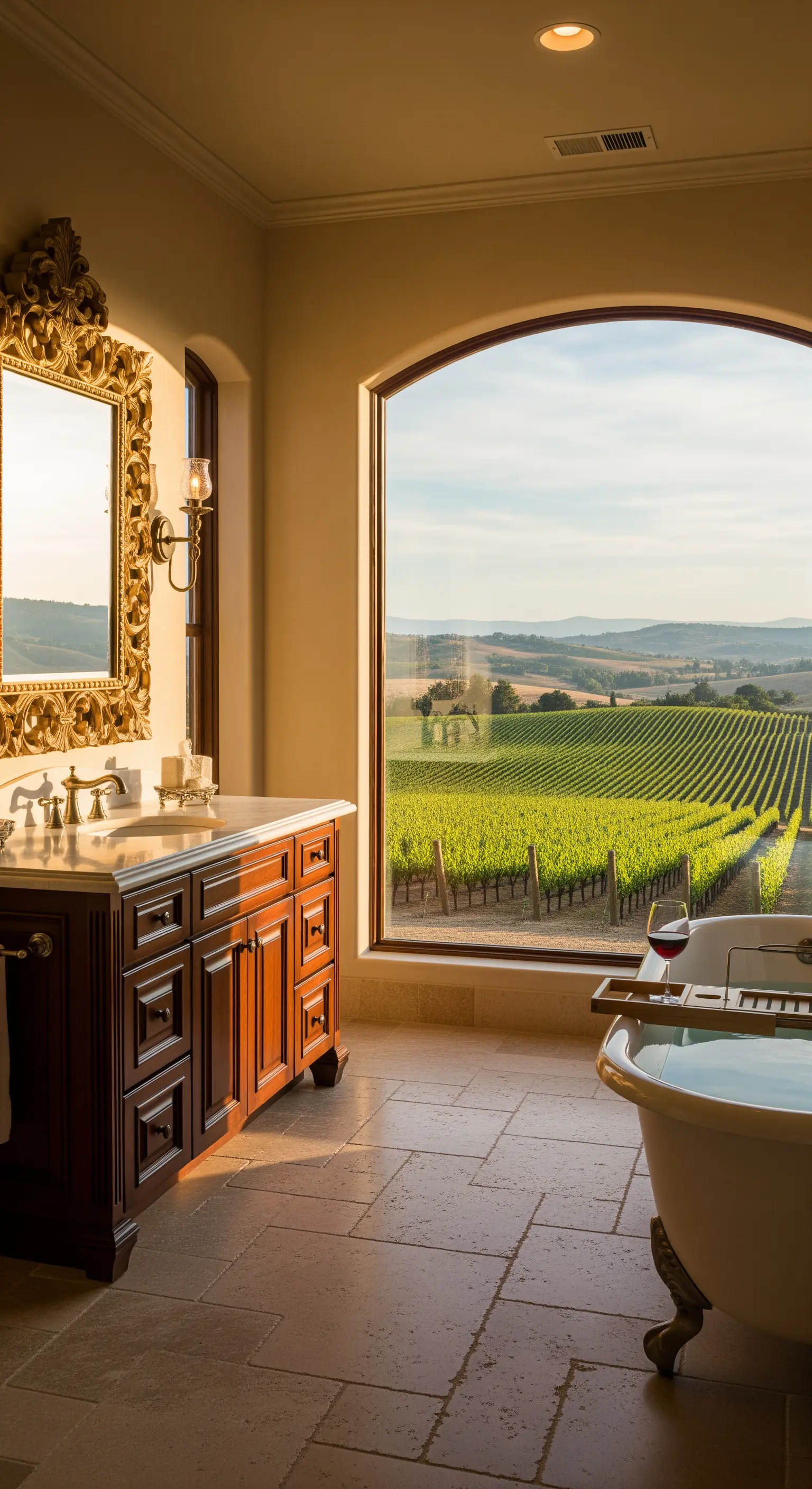 Klassisches Bad mit goldenem Spiegel und Blick auf Weinberge