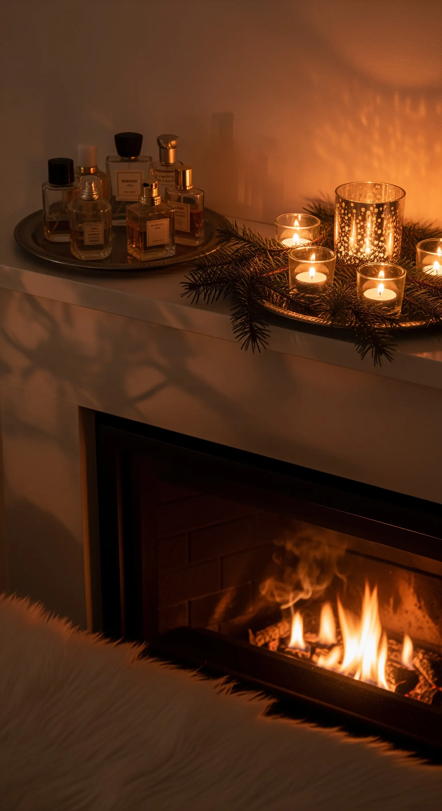 Tablett mit Parfums und Kerzen auf Sims