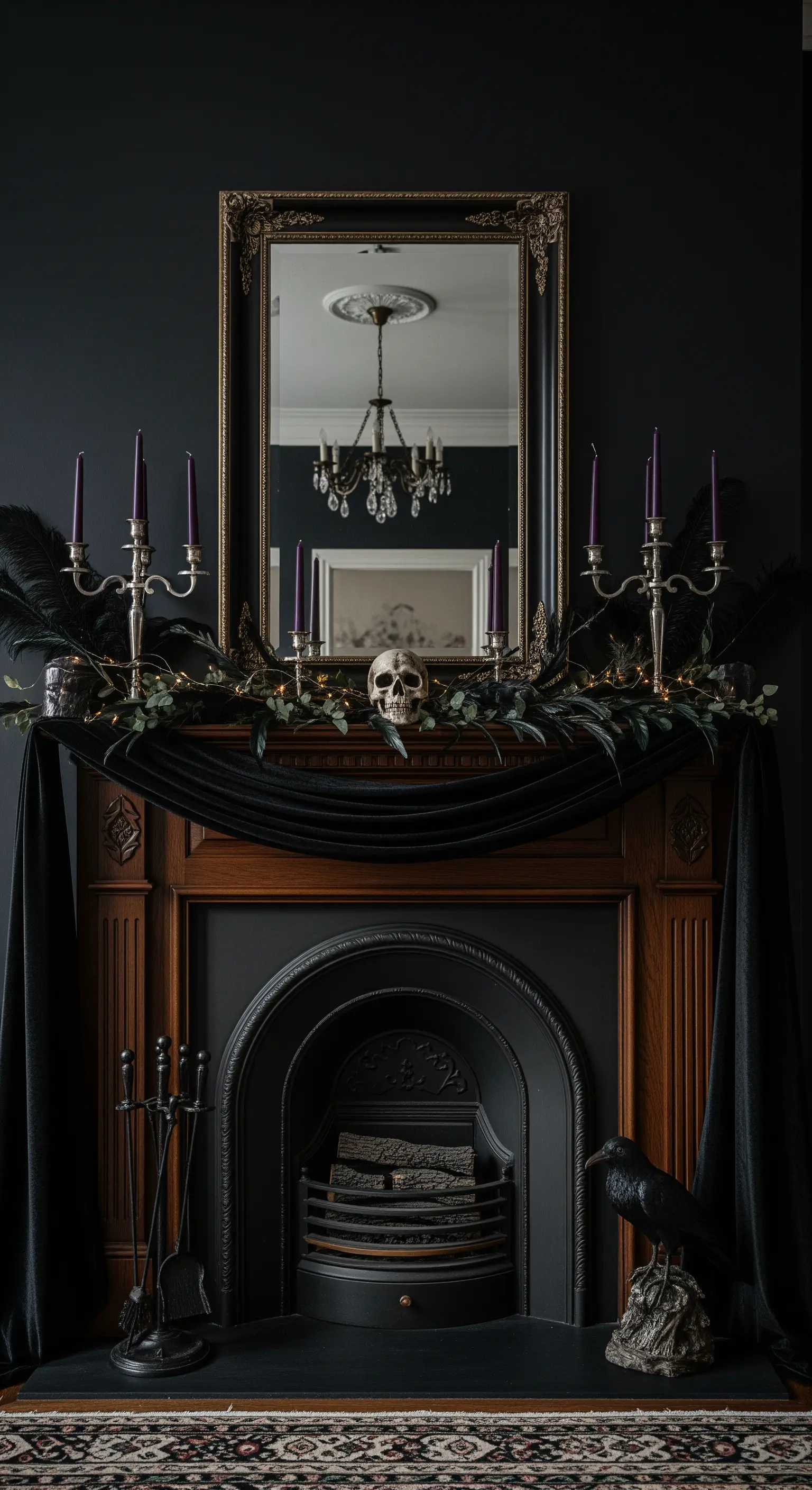 Dunkler Kamin mit schwarzem Stoff, Kerzenleuchtern und Rabe