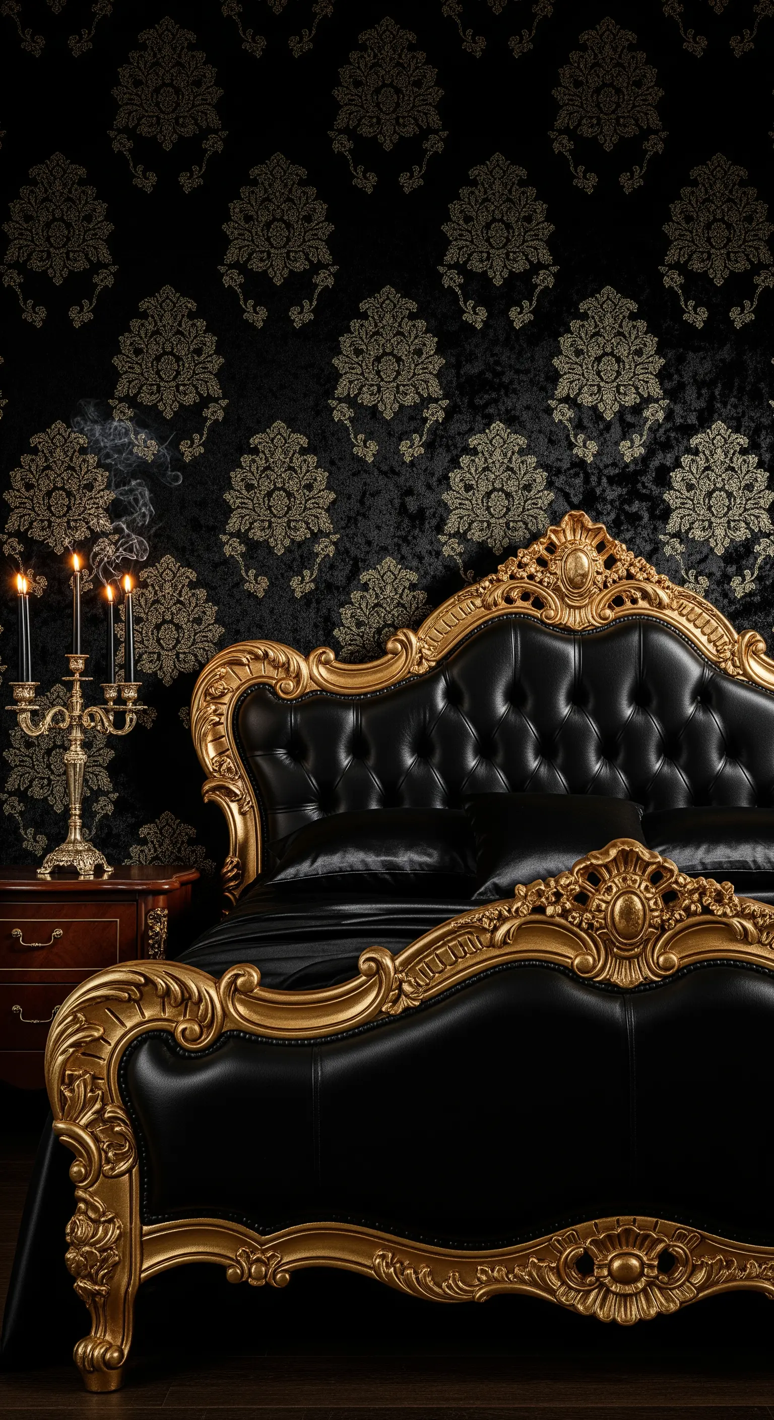 Barockes schwarz-goldenes Bett vor Damast-Tapete