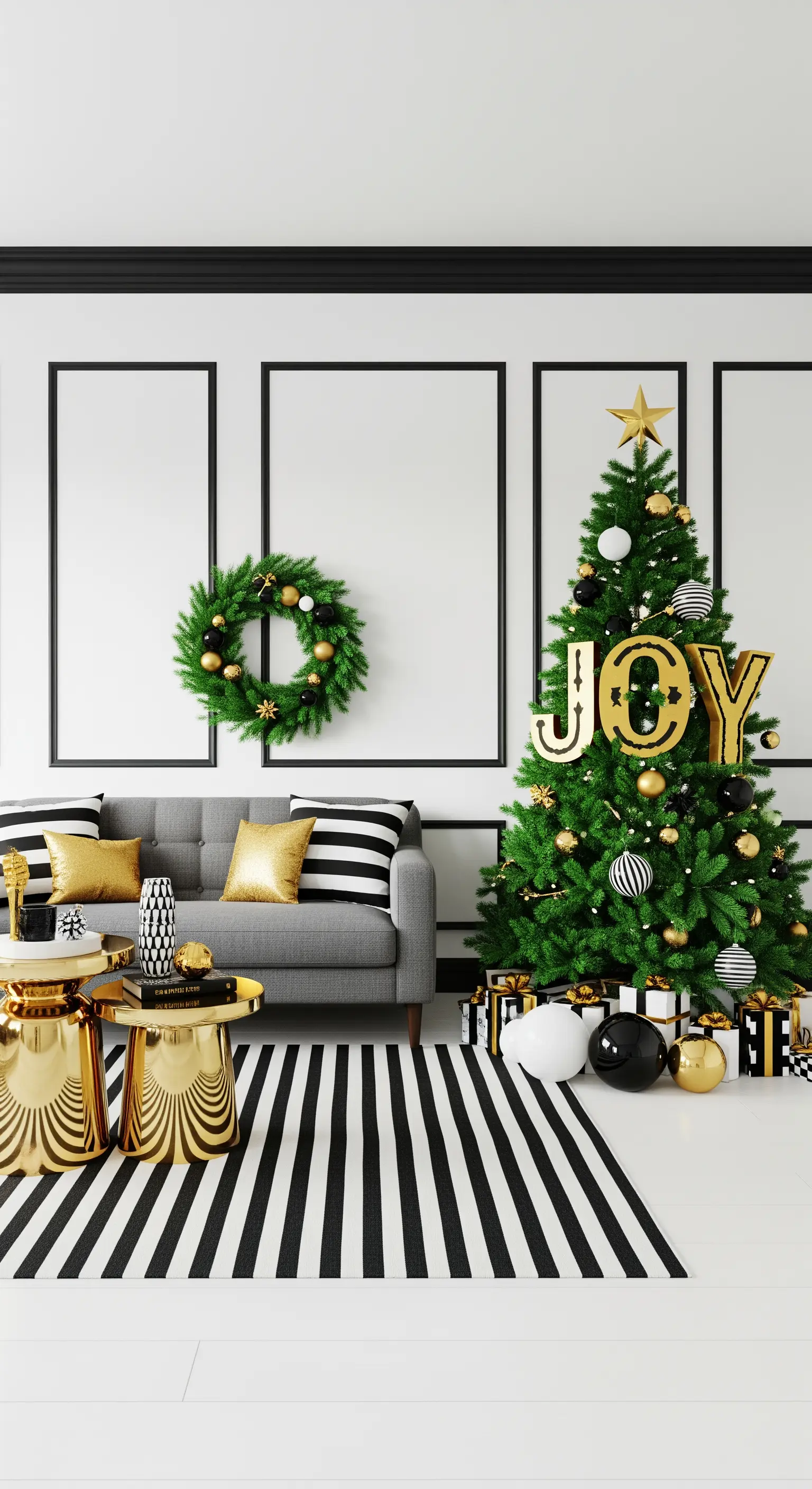 Weihnachtsbaum mit JOY-Schriftzug und schwarz-weiß gestreiftem Teppich