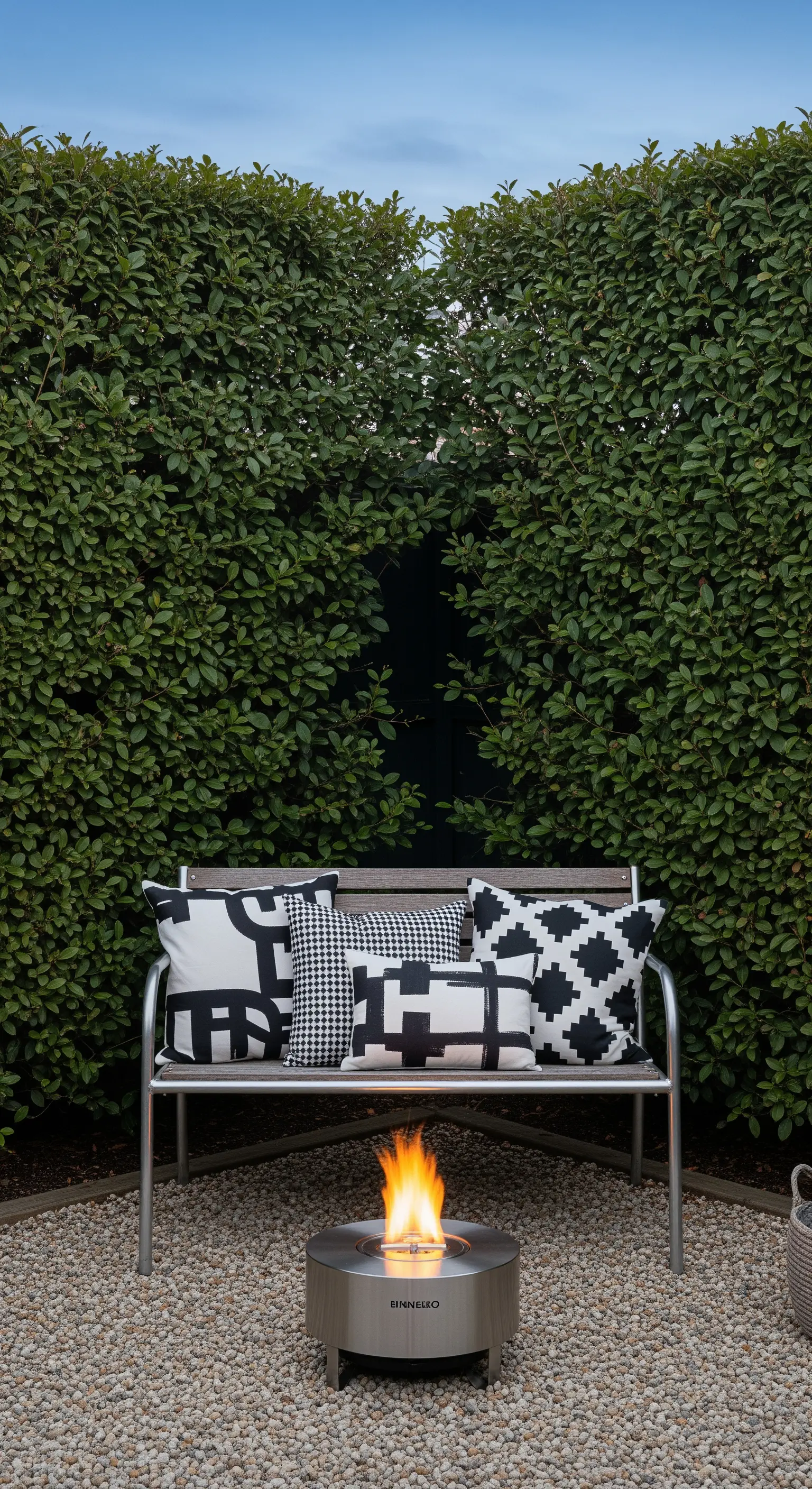 Bank mit grafischen Kissen und Tischfeuer