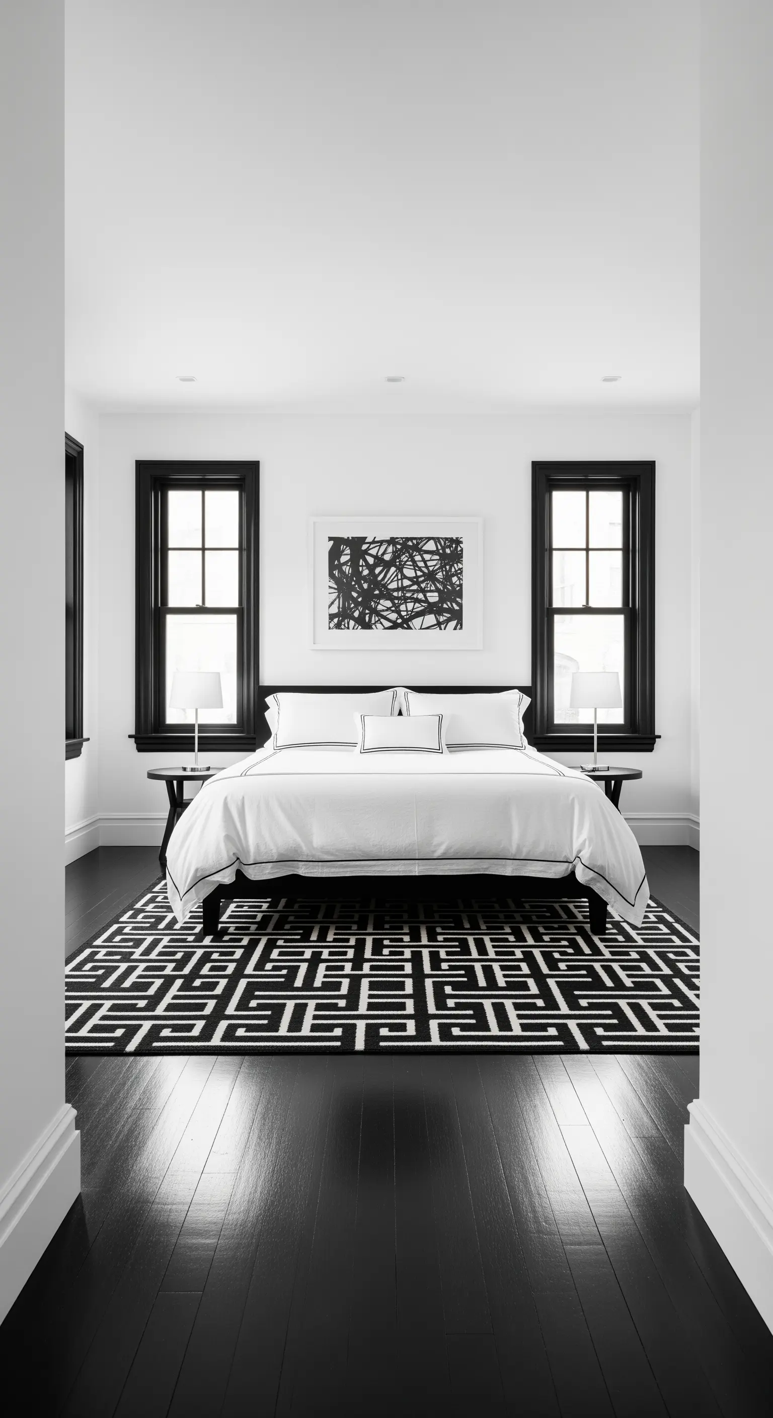 Schwarz-weißes Schlafzimmer mit geometrischem Teppich
