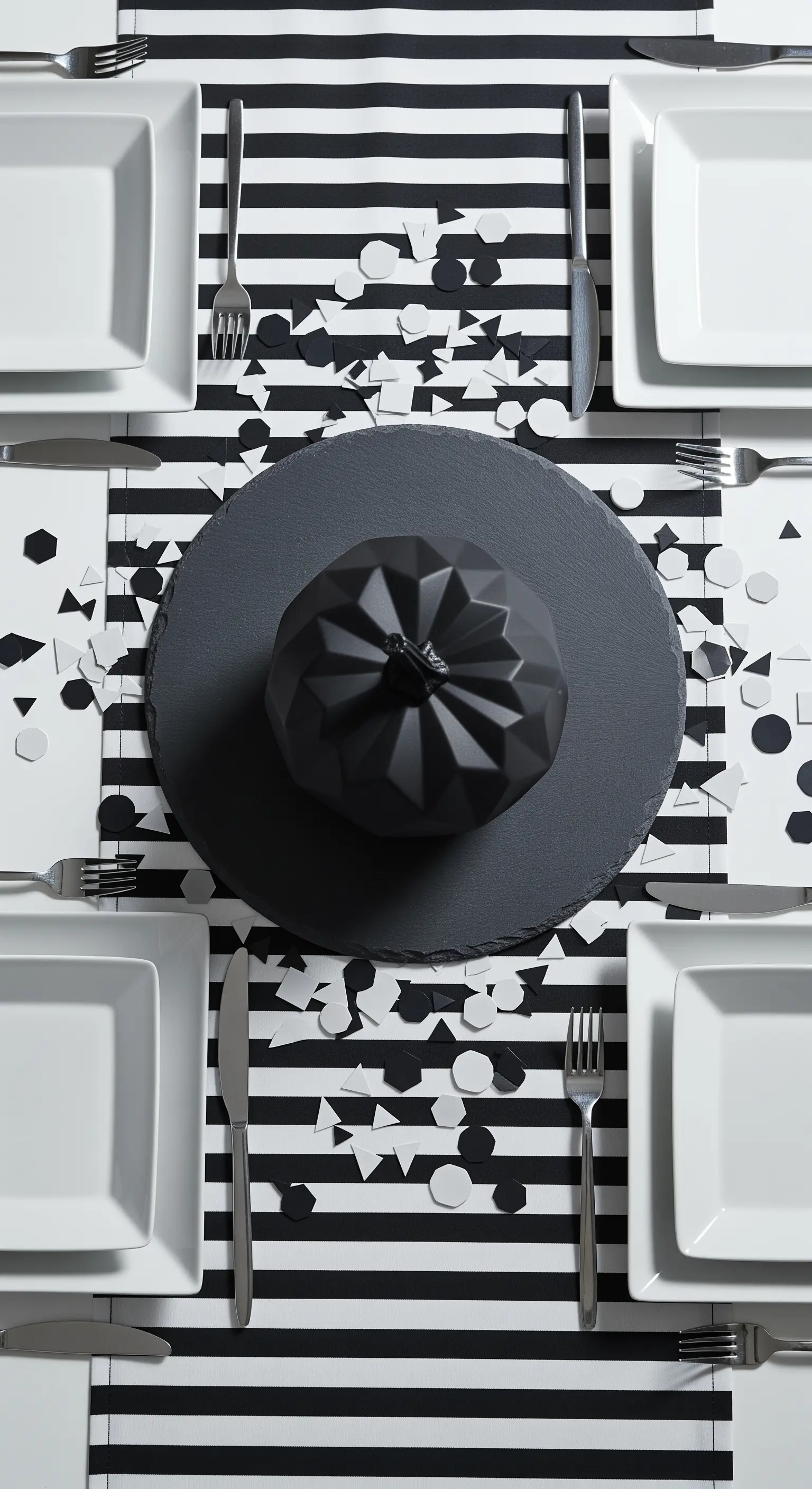Schwarz-weißer Tischläufer mit geometrischem schwarzen Kürbis