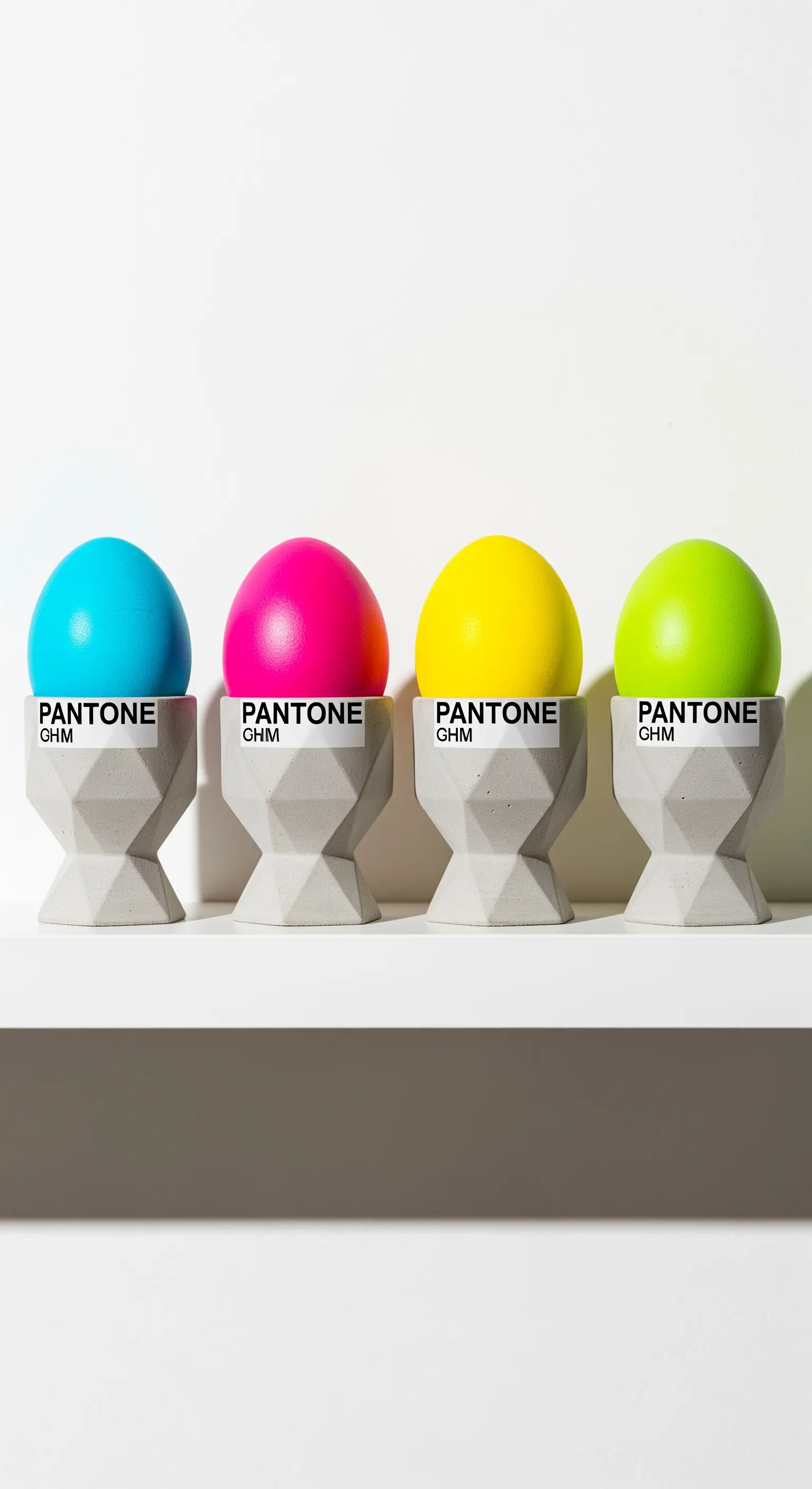 Bunte Ostereier im Pantone-Design in Betonbechern