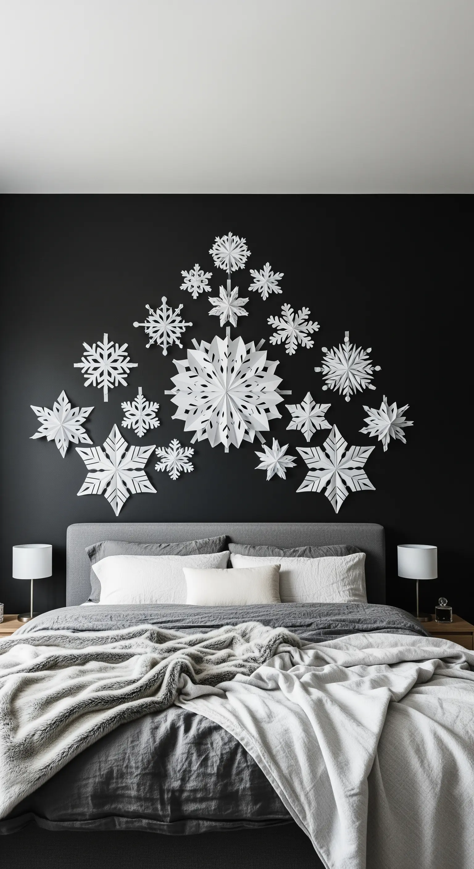 Dunkle Schlafzimmerwand mit einer kunstvollen Anordnung weißer Papier-Schneeflocken über dem Bett.