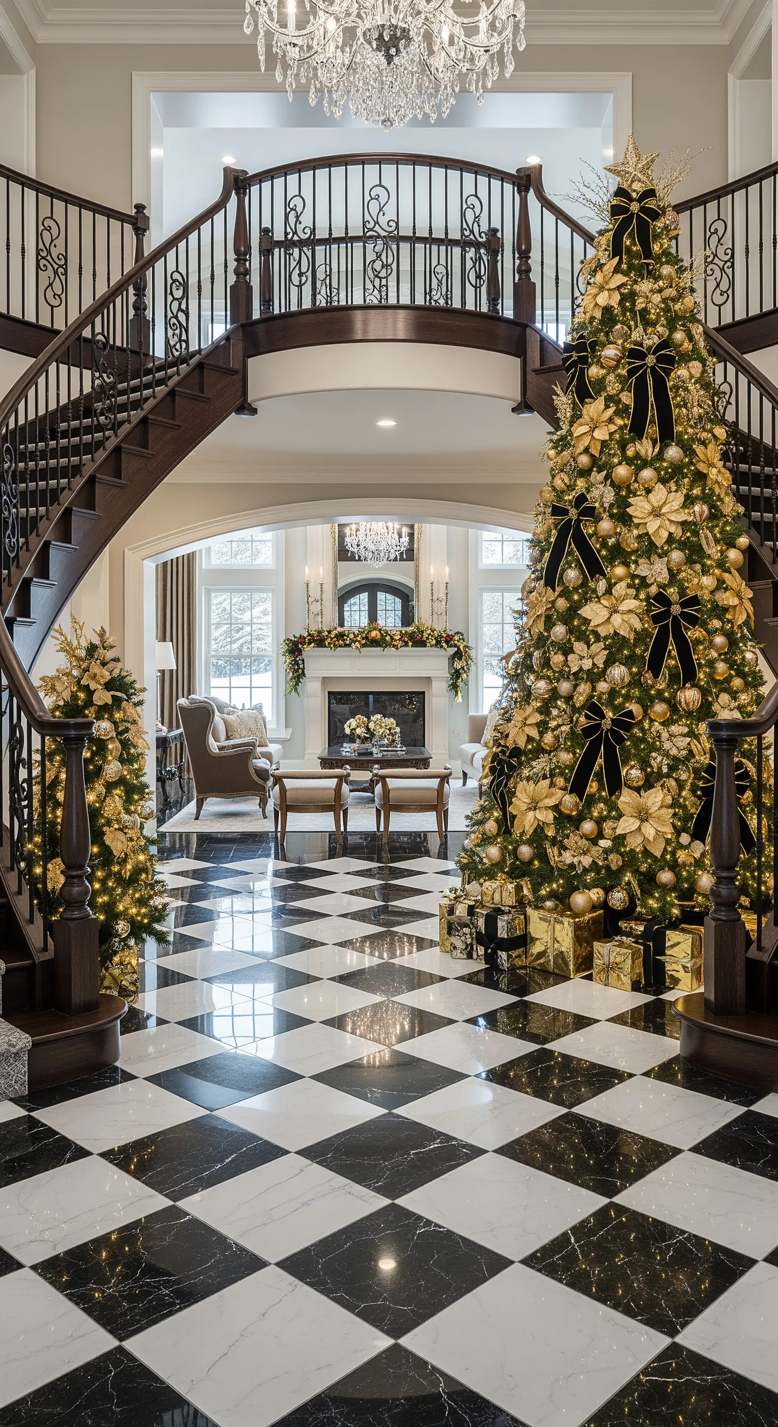 Riesiger geschmückter Weihnachtsbaum im Foyer mit Treppe