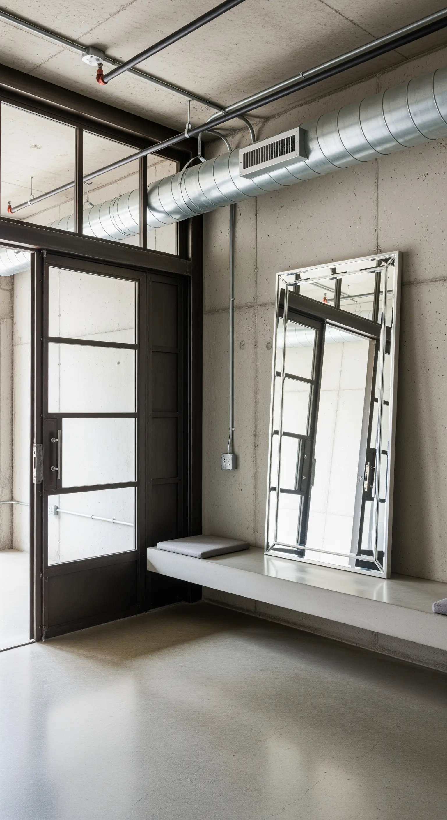 Großer angelehnter Spiegel im Beton-Eingangsbereich