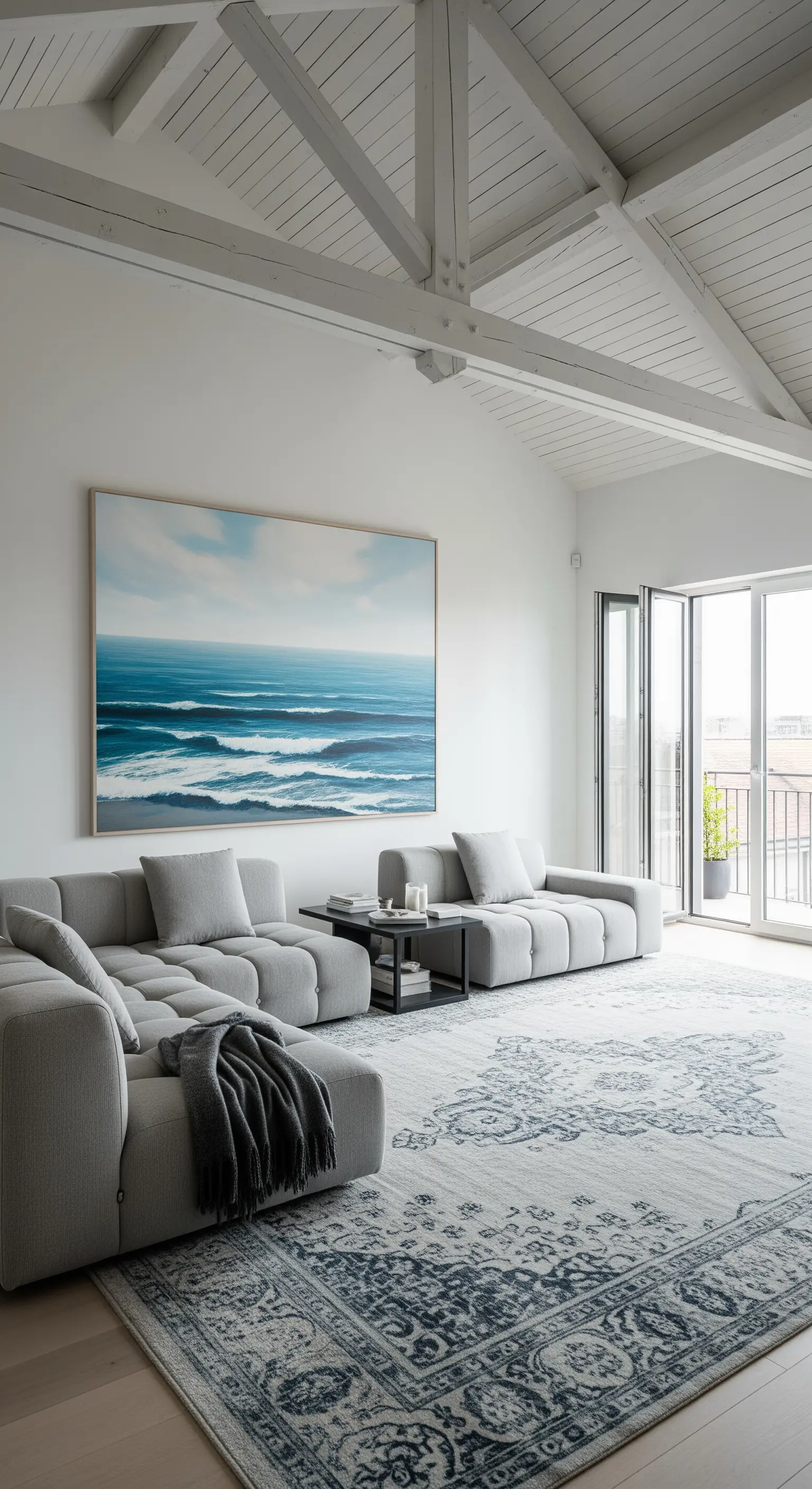 Wohnzimmer mit riesigem Meeresgemälde und grauem Sofa