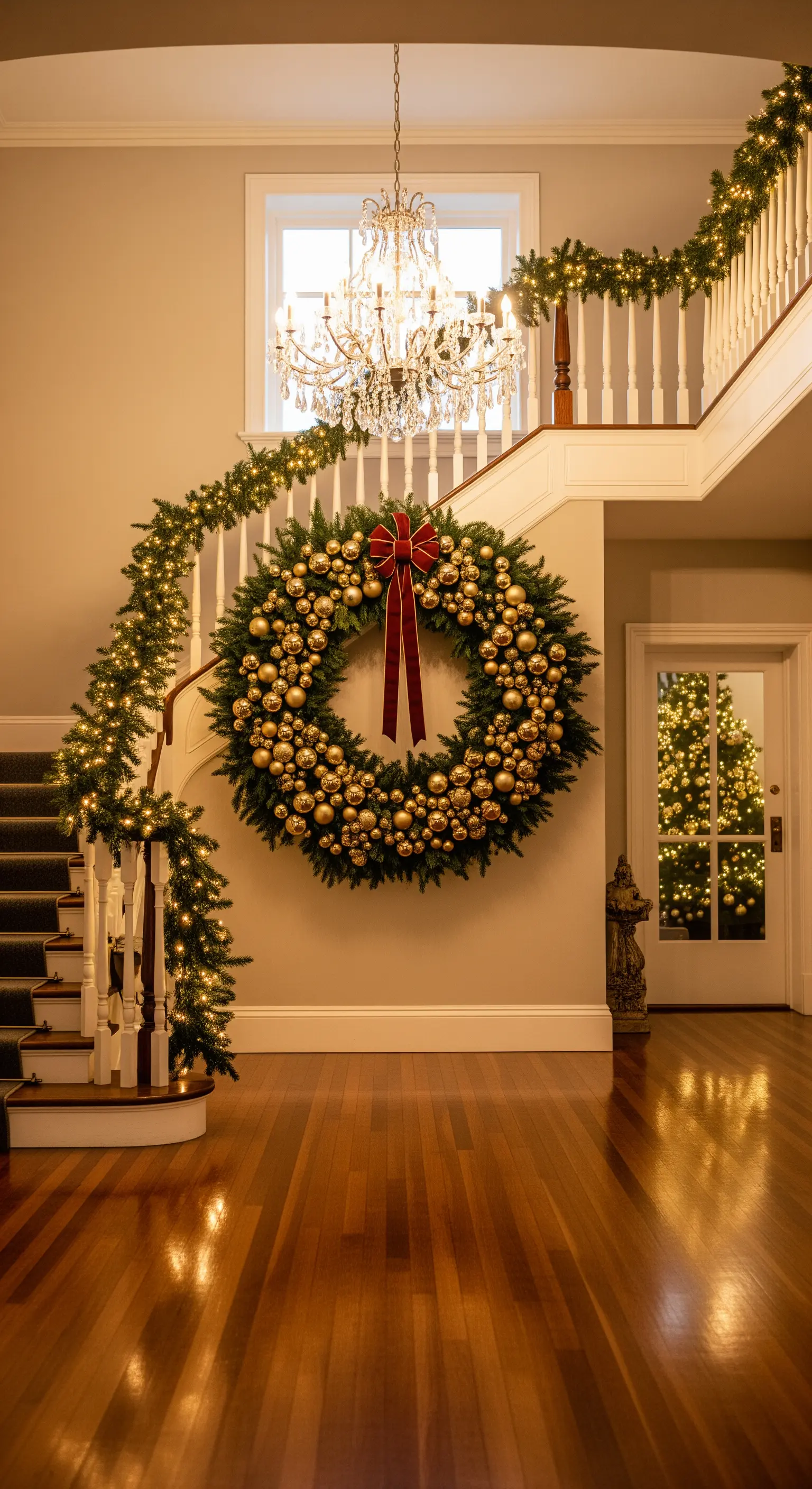 Großer Weihnachtskranz mit goldenen Kugeln an Treppenaufgang