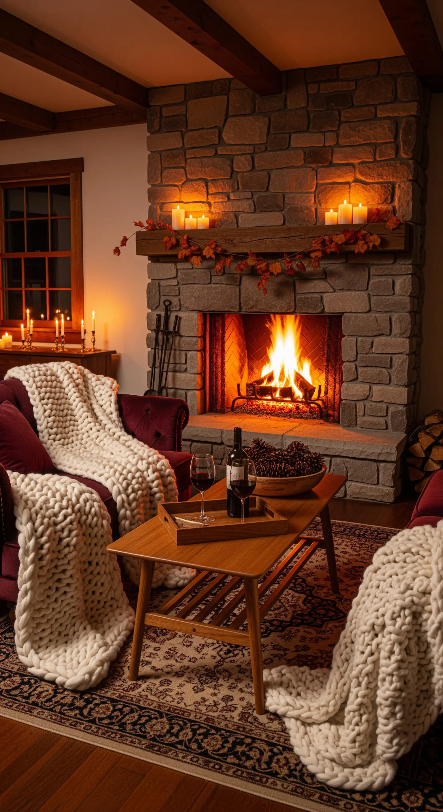 Grobstrickdecken auf Sesseln vor Kamin