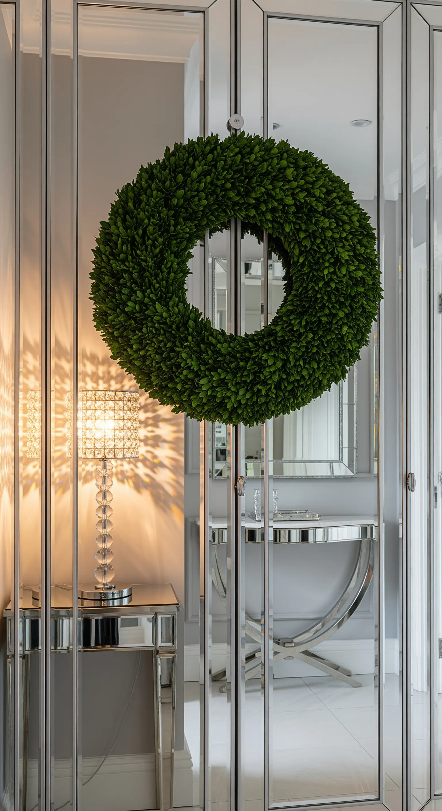 Dichter grüner Kranz an verspiegelter Schranktür