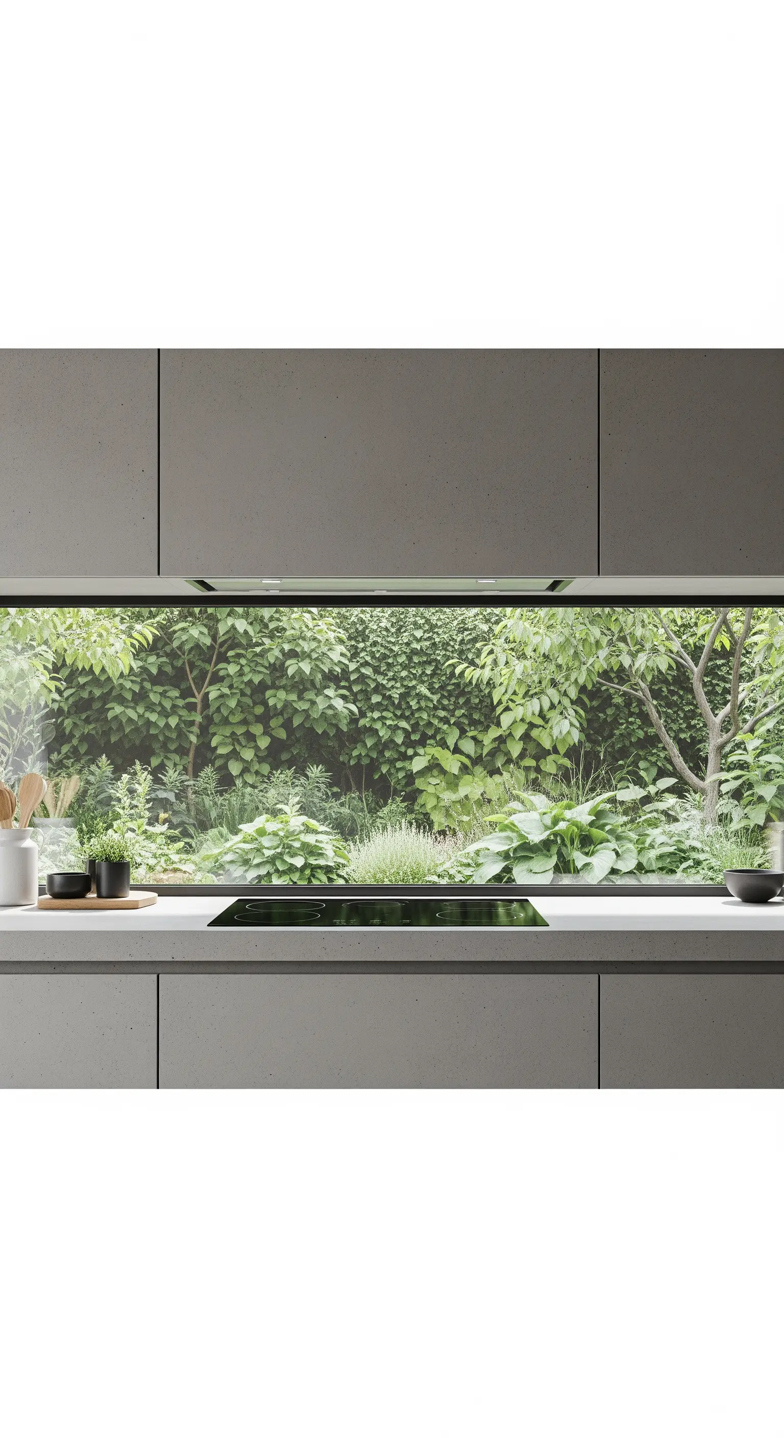 Küche mit langem Fensterband zum Garten statt Fliesenspiegel