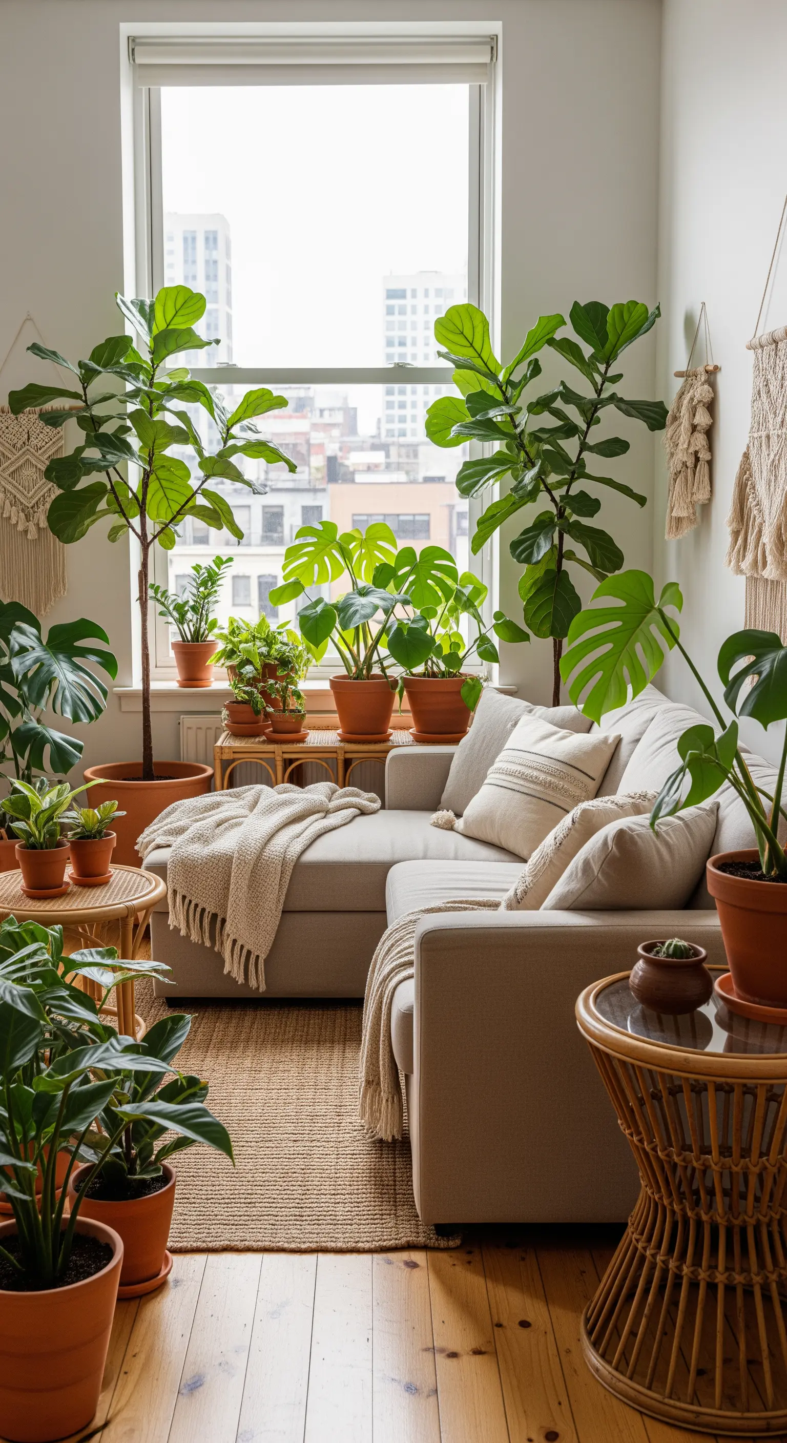 Helles Wohnzimmer mit Geigenfeige und Monstera in Terrakotta-Töpfen