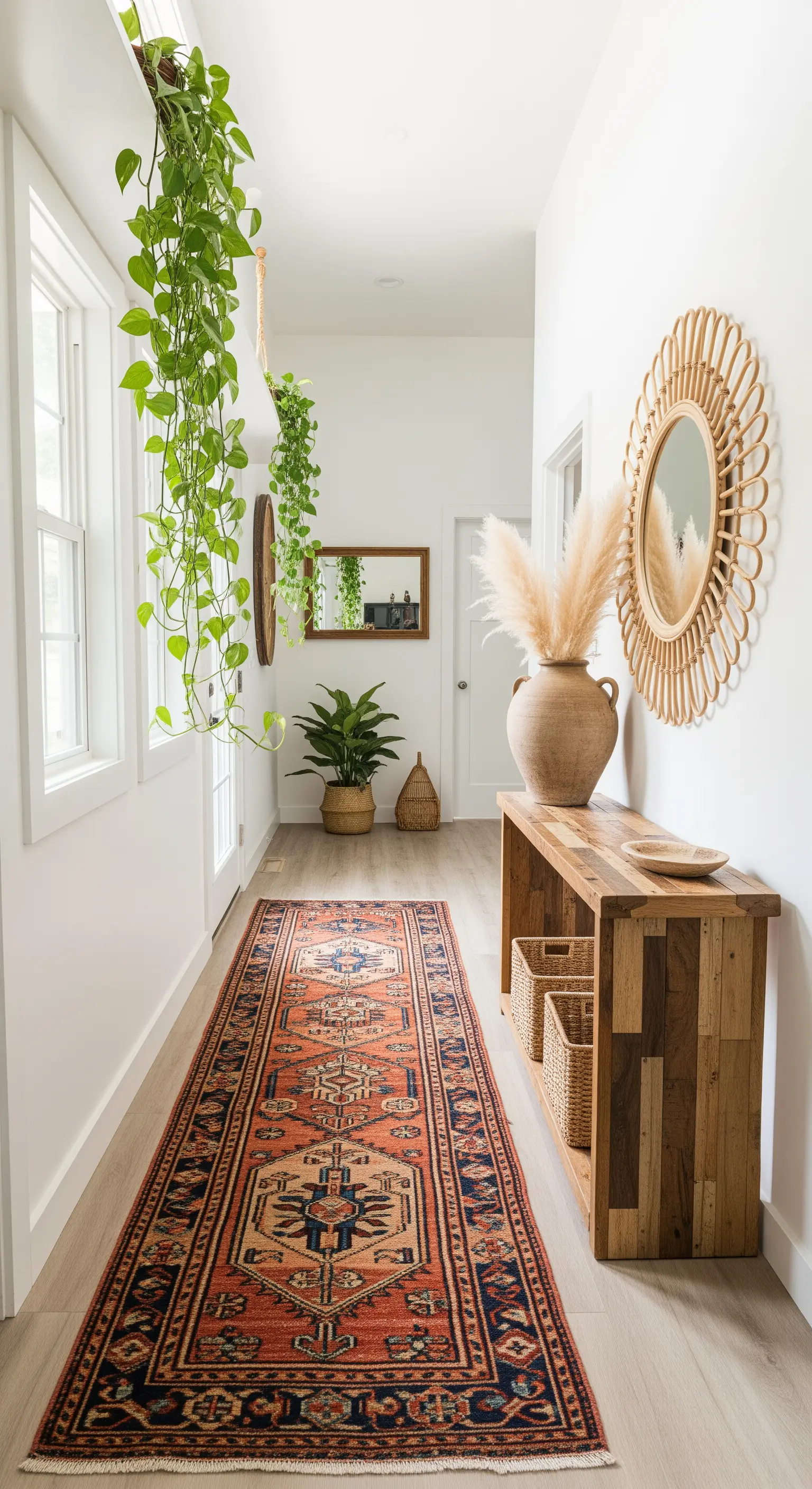 Heller Flur mit hängenden Pflanzen und langem Teppichläufer