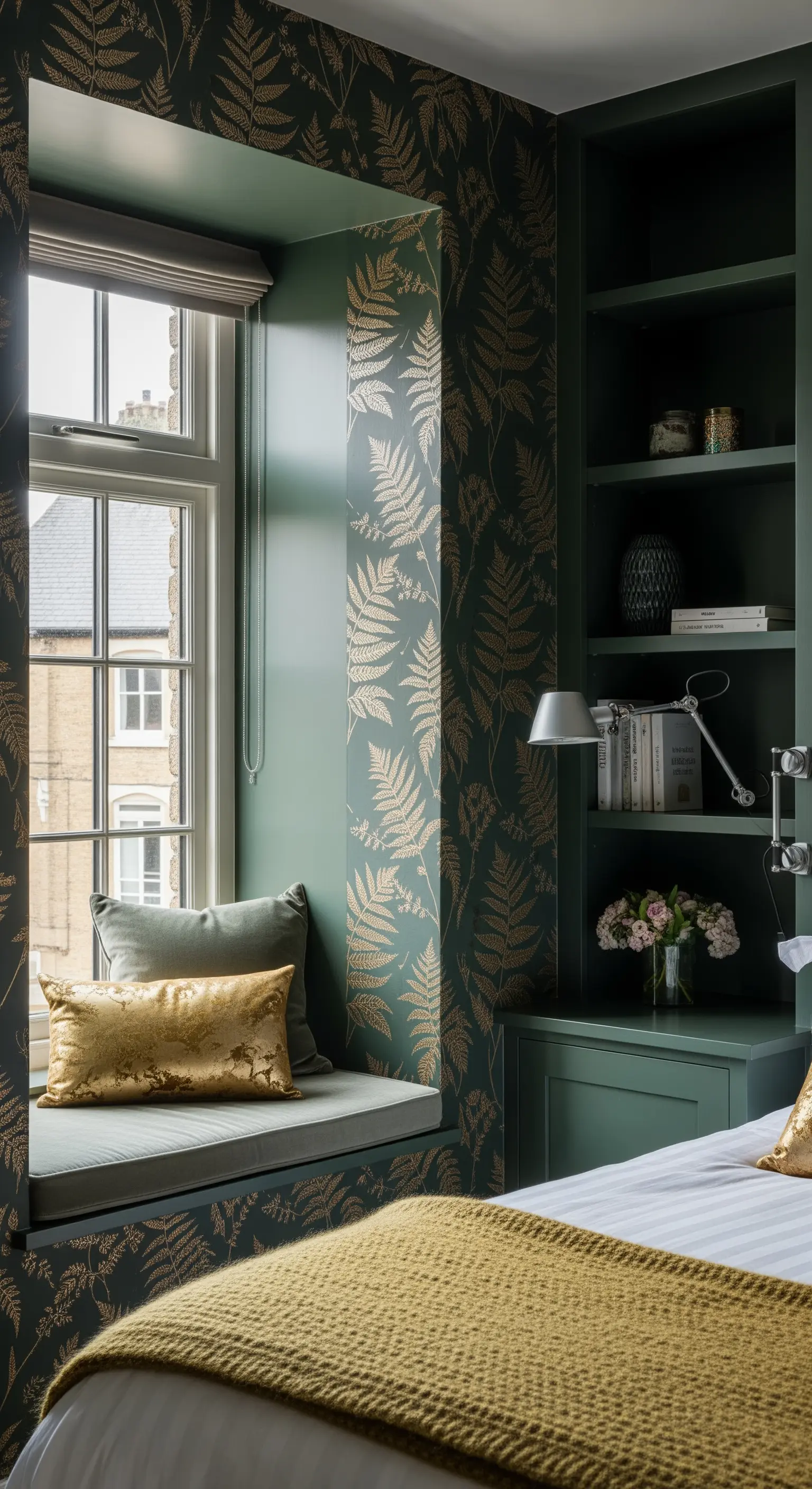 Fenstersitzbank mit grüner Farn-Tapete und goldenem Kissen