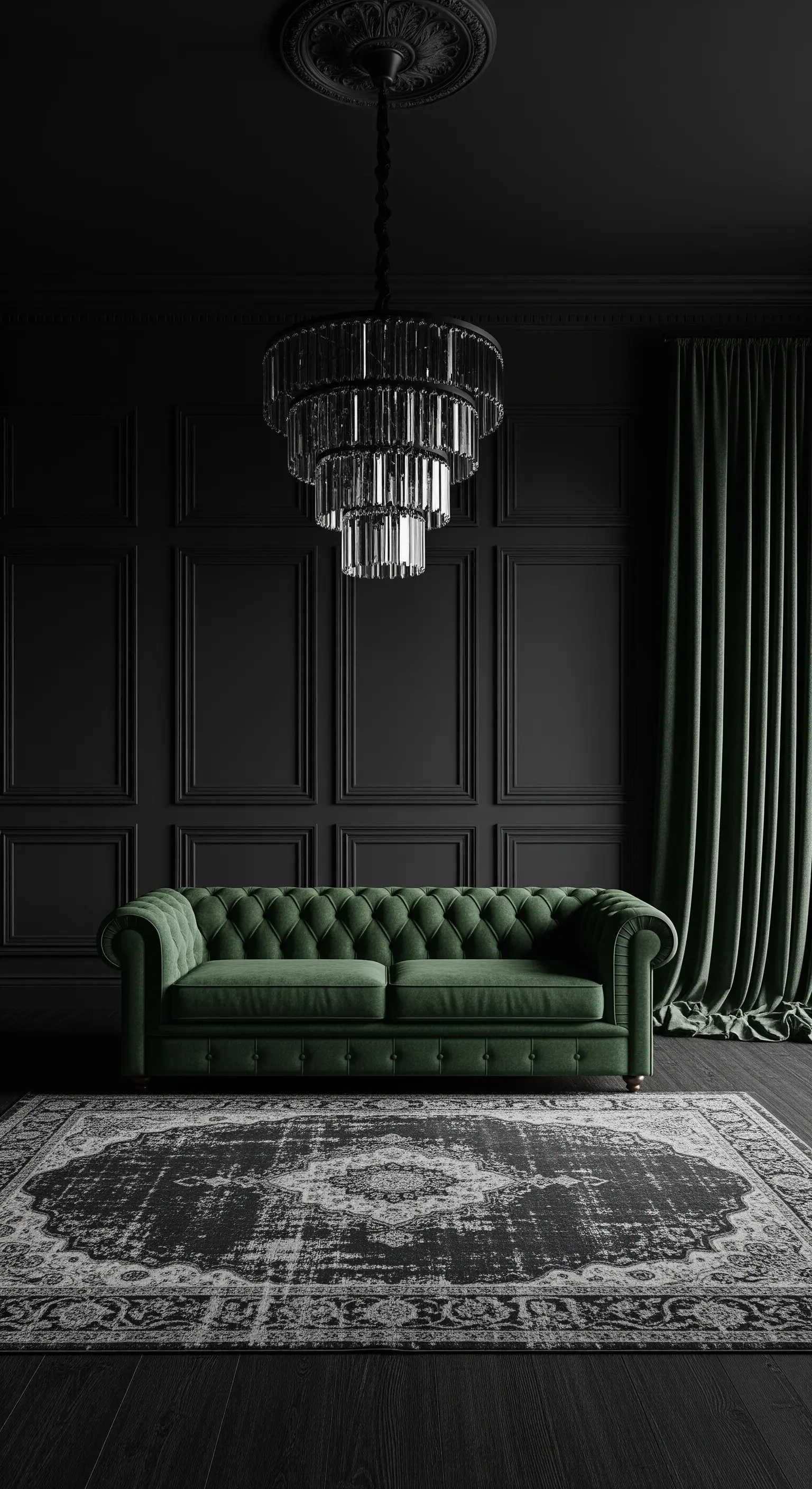 Smaragdgrünes Chesterfield Sofa vor schwarzer Wandvertäfelung