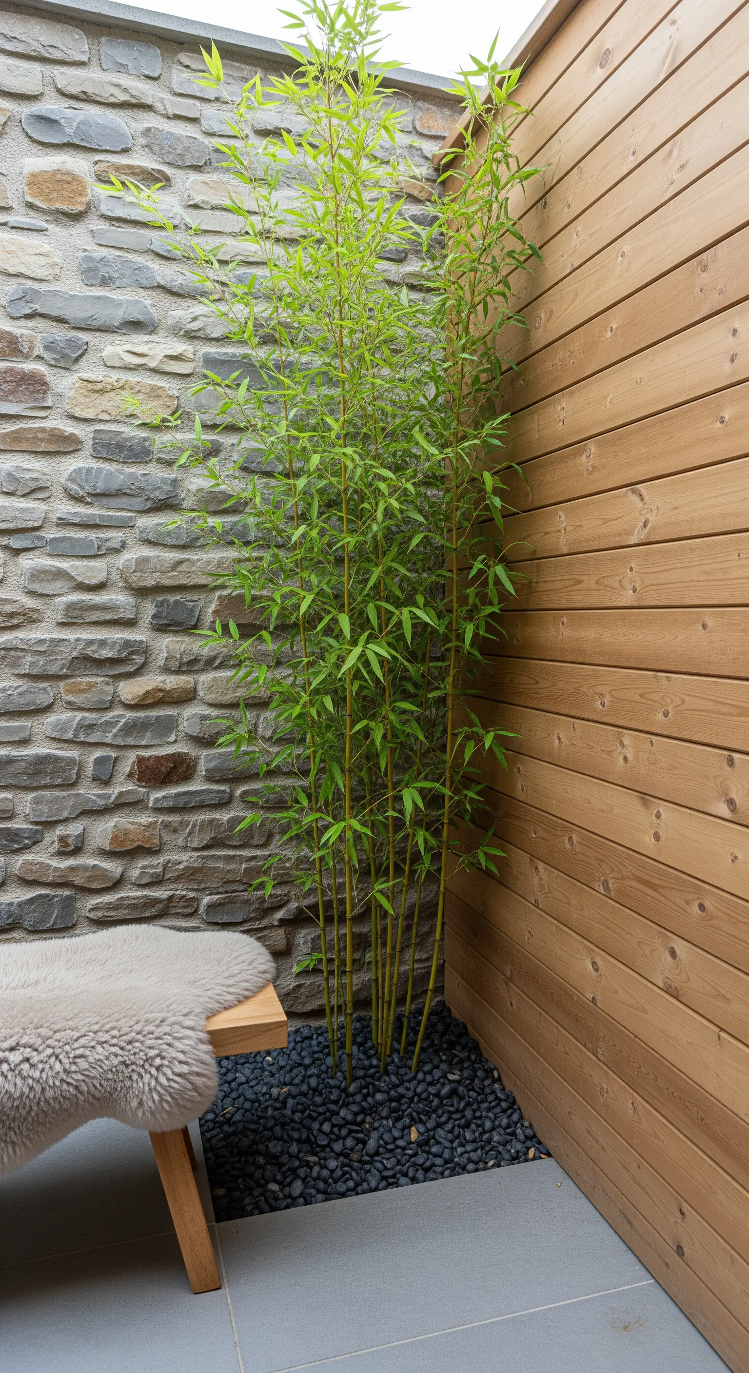 Hoher Bambus vor Steinwand mit Holzbank und Fell