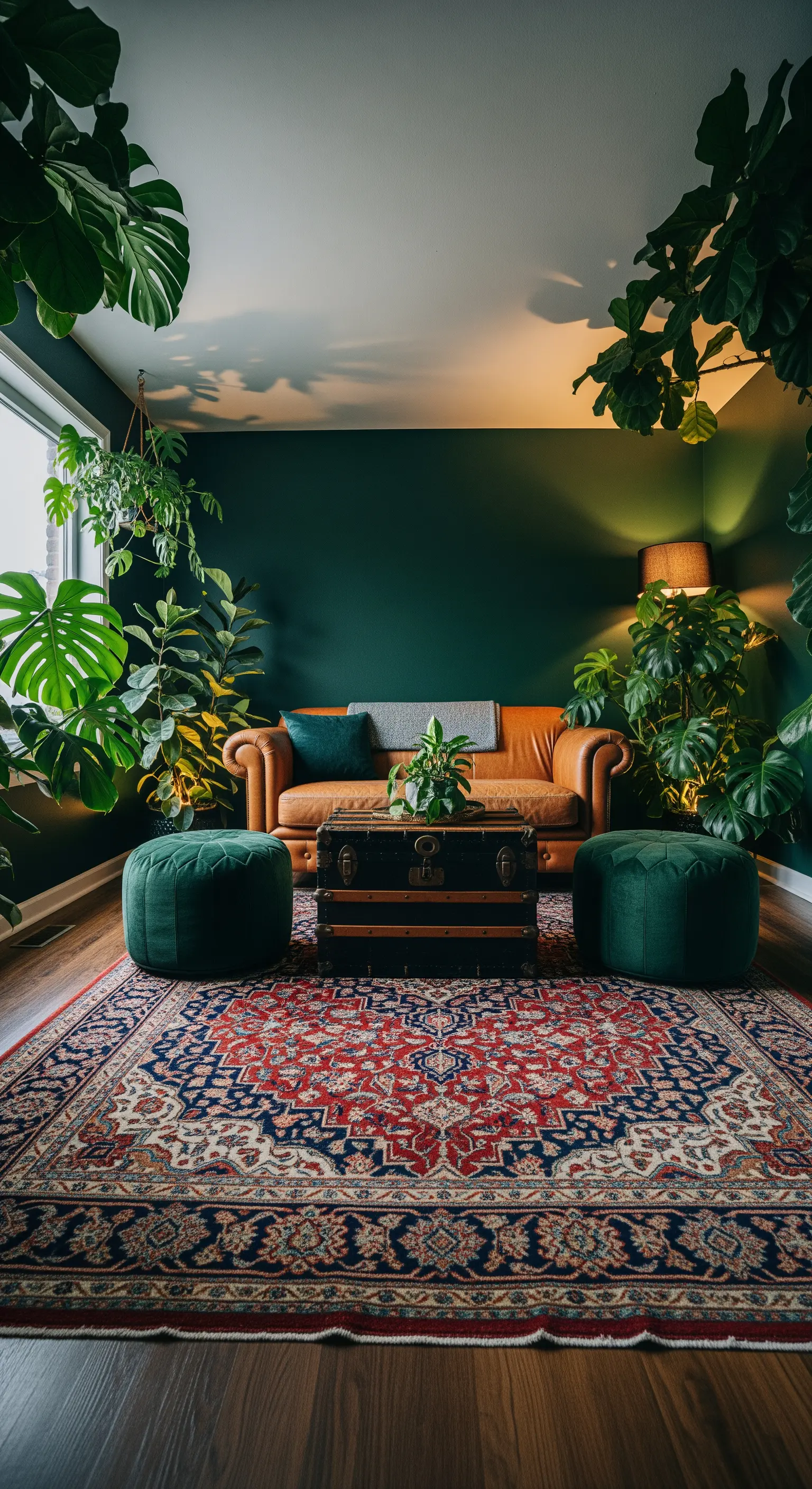 Grünes Zimmer mit Pflanzen, Samtpoufs und Orientteppich